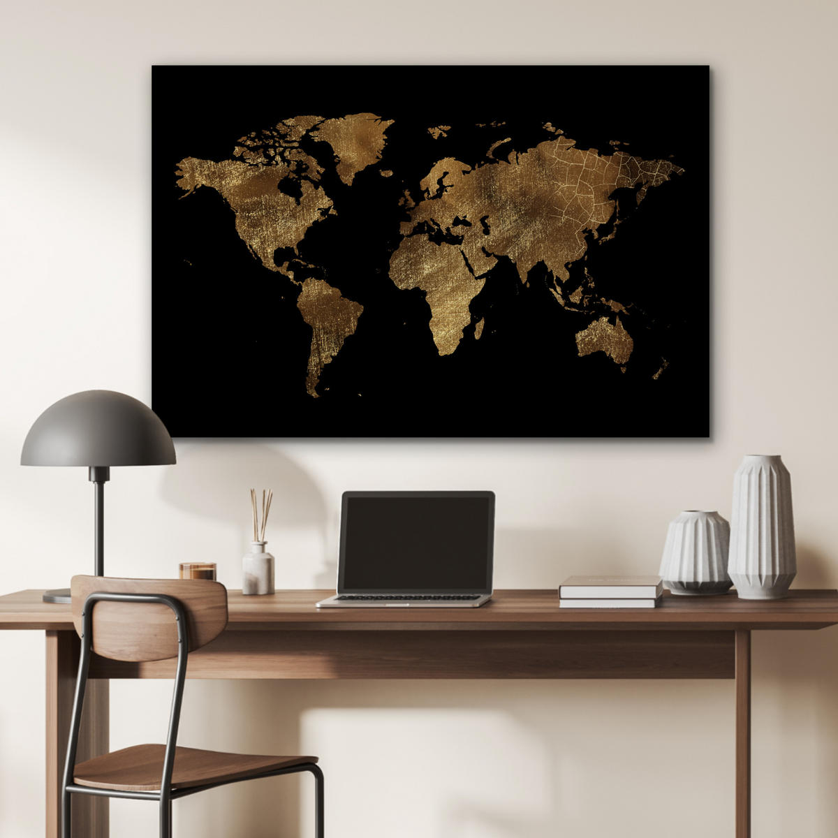 METALLBILD Weltkarte - Gold - Luxus - Erde - Schwarz 120x80 cm - Goldfarben, Metall (120/80cm) - MuchoWow