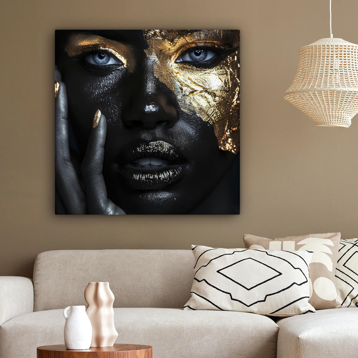 LEINWANDBILD Frau - Gold - Porträt - Schwarz-Weiß - Luxus 90x90 cm - Hellblau, Textil (90/90cm) - MuchoWow