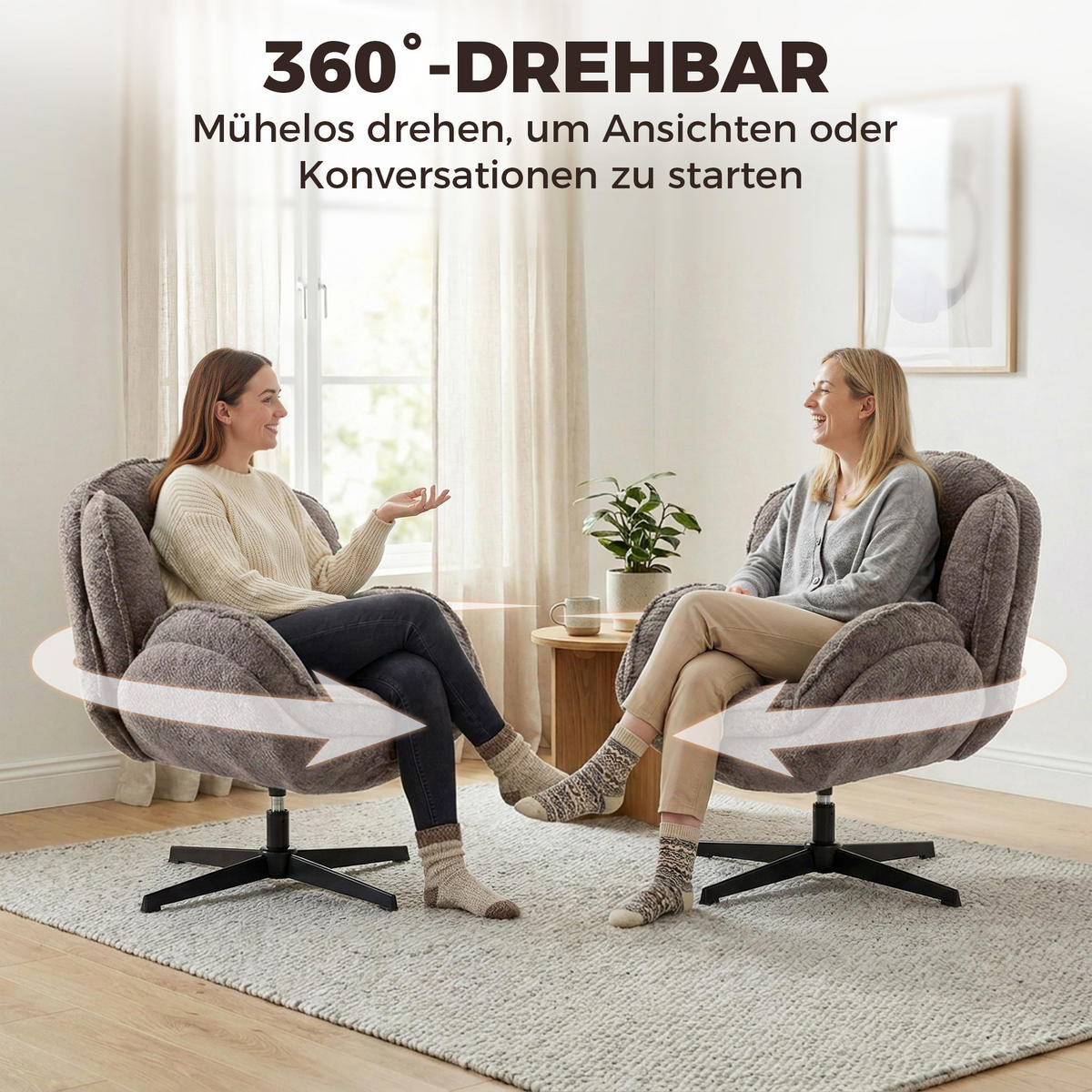 WINGBACK-SESSEL DE-06919 Samt, Vier-Sterne-Basis & 360° Drehung Grau - Grau, Textil/Metall (76/88/86cm) - ComfortXL