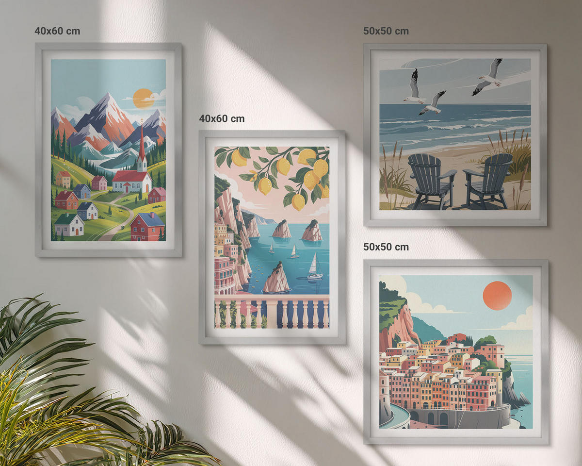WANDBILDER 4er Set - 50x50 cm & 40x60 cm Silberner Rahmen - Farbenfrohe Berge und Küstenstädte - Silberfarben, Kunststoff (50/50cm) - ArtPrintCave