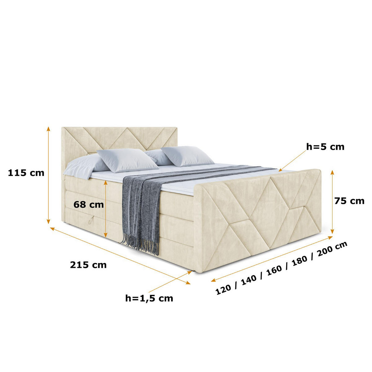 BOXSPRINGBETT BARWA-Z KING - 120x200 - H3/H4 - Beige - Beige, Holzwerkstoff (120/200cm) - ALTDECOR