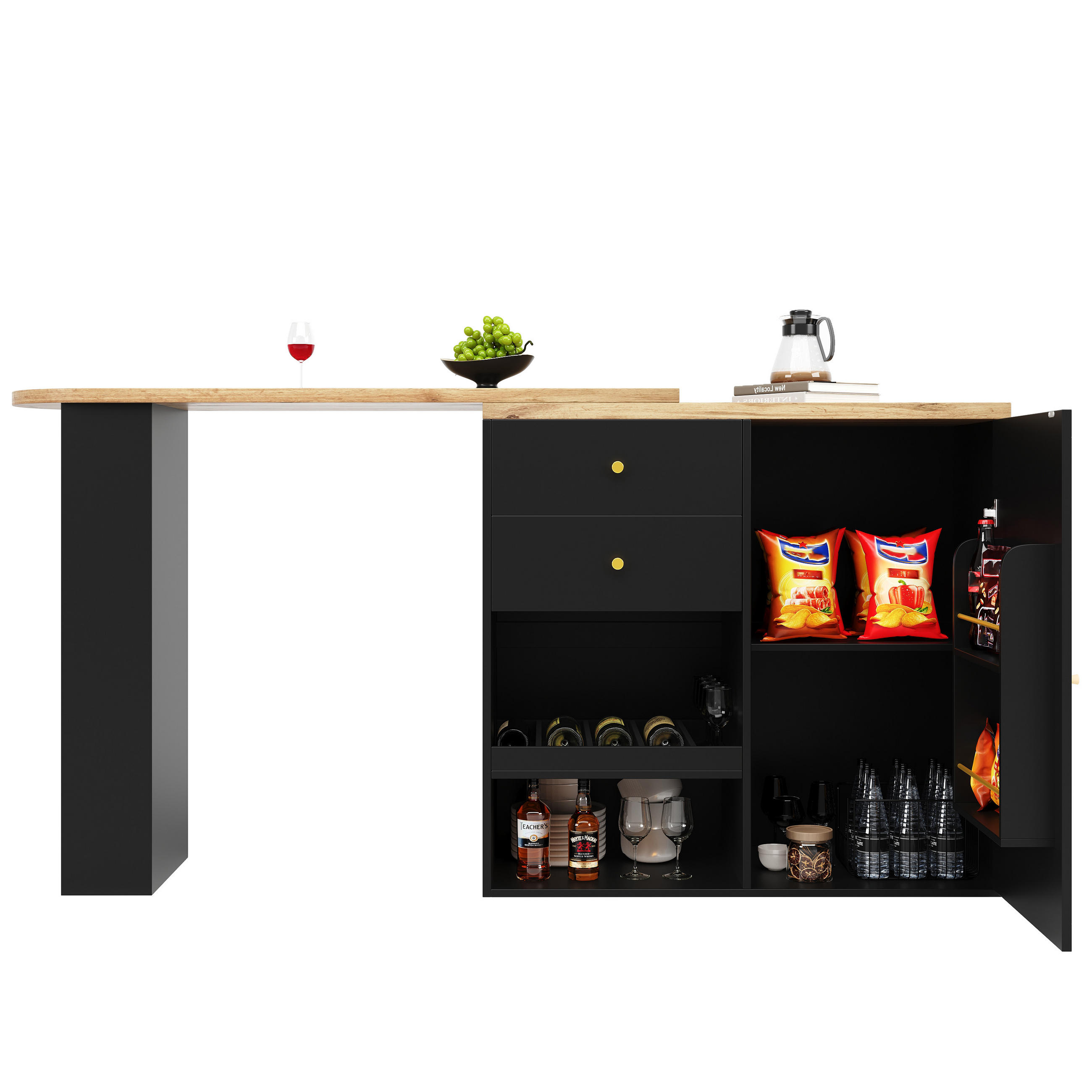 DREHBARER Bartisch/Schrank aus MDF, 105/39/102 cm + drehbares Regal, Schwarz, mit 4 Schubladen - Schwarz, Holzwerkstoff (39/102/105cm) - Redom