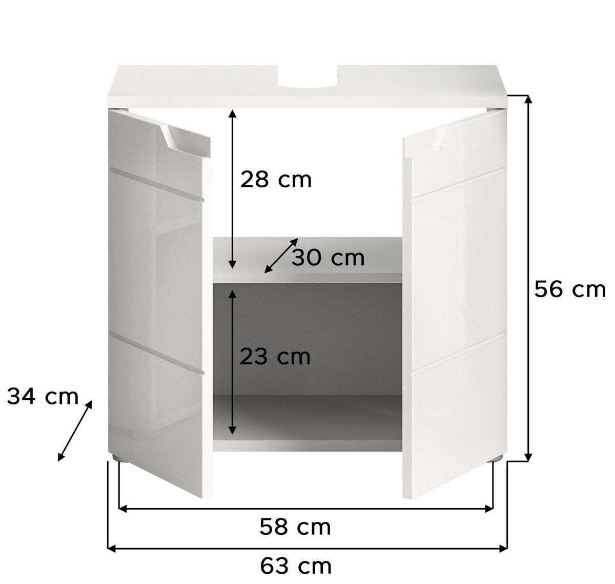 WASCHBECKENUNTERSCHRANK SOLERO (B/H/T: ca. 63/59/34 cm) in Weiß/weiß hochglanz - Weiß, Holzwerkstoff (63/59/34cm)