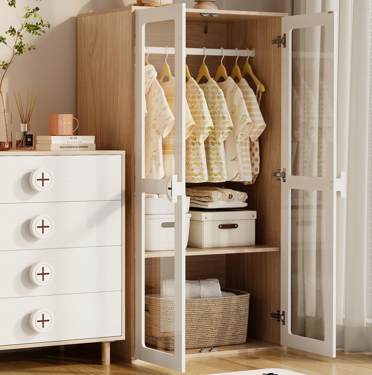 KLEIDERSCHRANK 80/50/150 cm in Natur/Weiß mit Acryltüren und verstellbaren Regalen - Naturfarben, Holzwerkstoff (80/150/50cm) - BEAOK