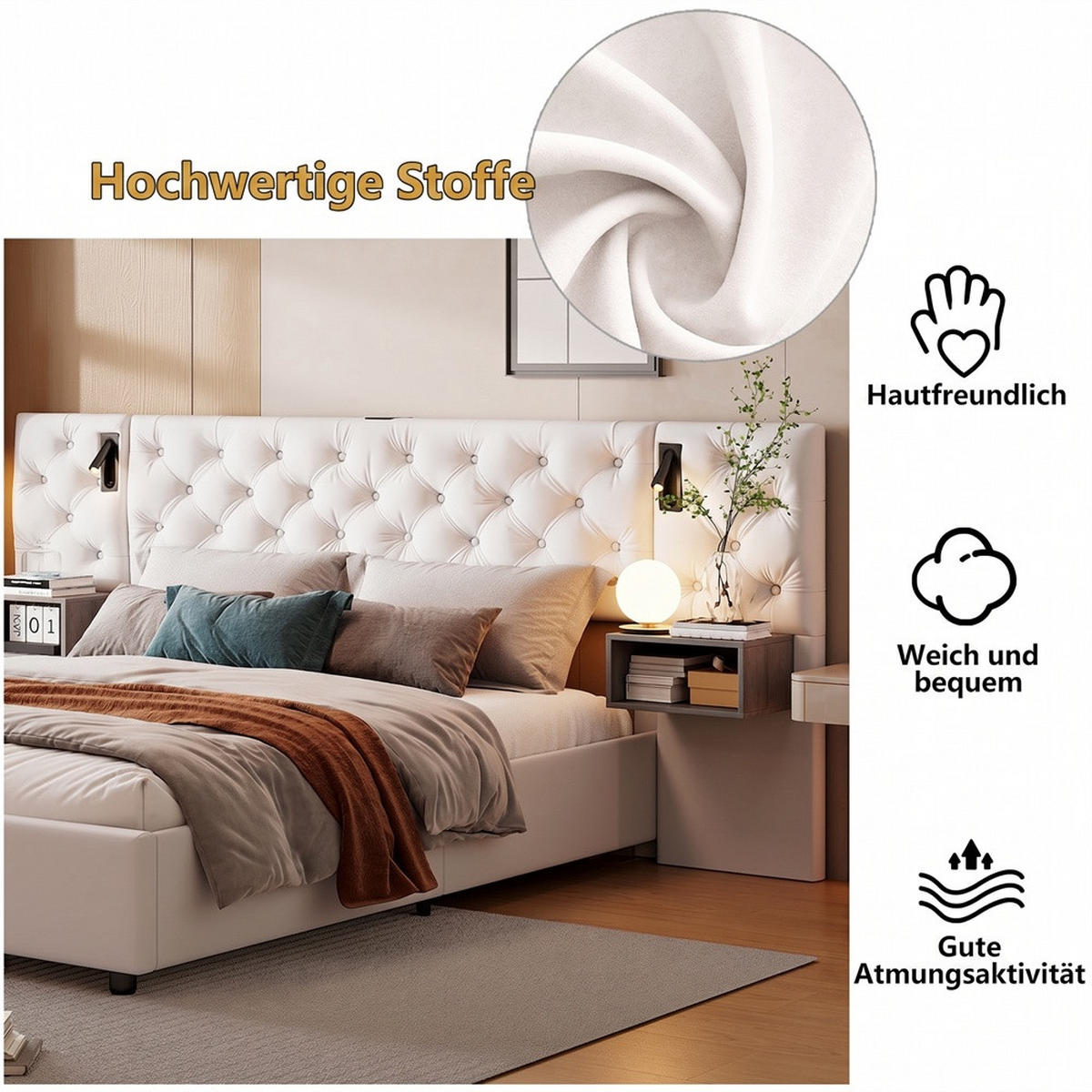 POLSTERBETT 140x200 cm mit Nachttischleuchten und hydraulischem Stauraum - ohne Matratze - Beige, Textil (140/200cm) - DELFA