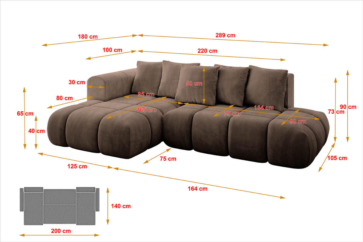 ECKSOFA Ottomane Links CLOUD-L-v1 289x180x40 Braun Velours - Braun, Holzwerkstoff/Kunststoff (180/289cm) - ALTDECOR