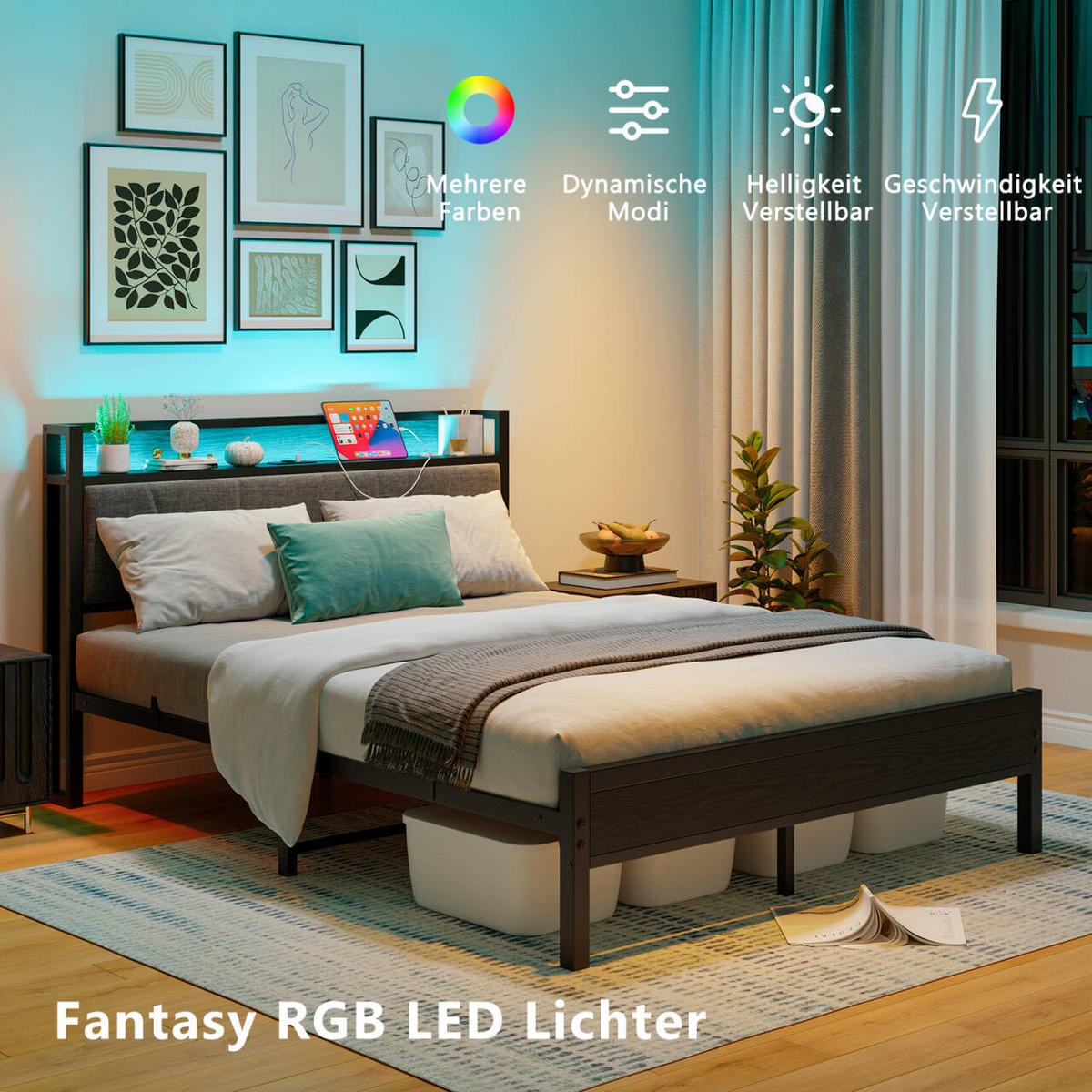 METALLBETT 140/200 cm Schwarz mit LED und USB - Schwarz, Metall (140/200cm) - Oxeza