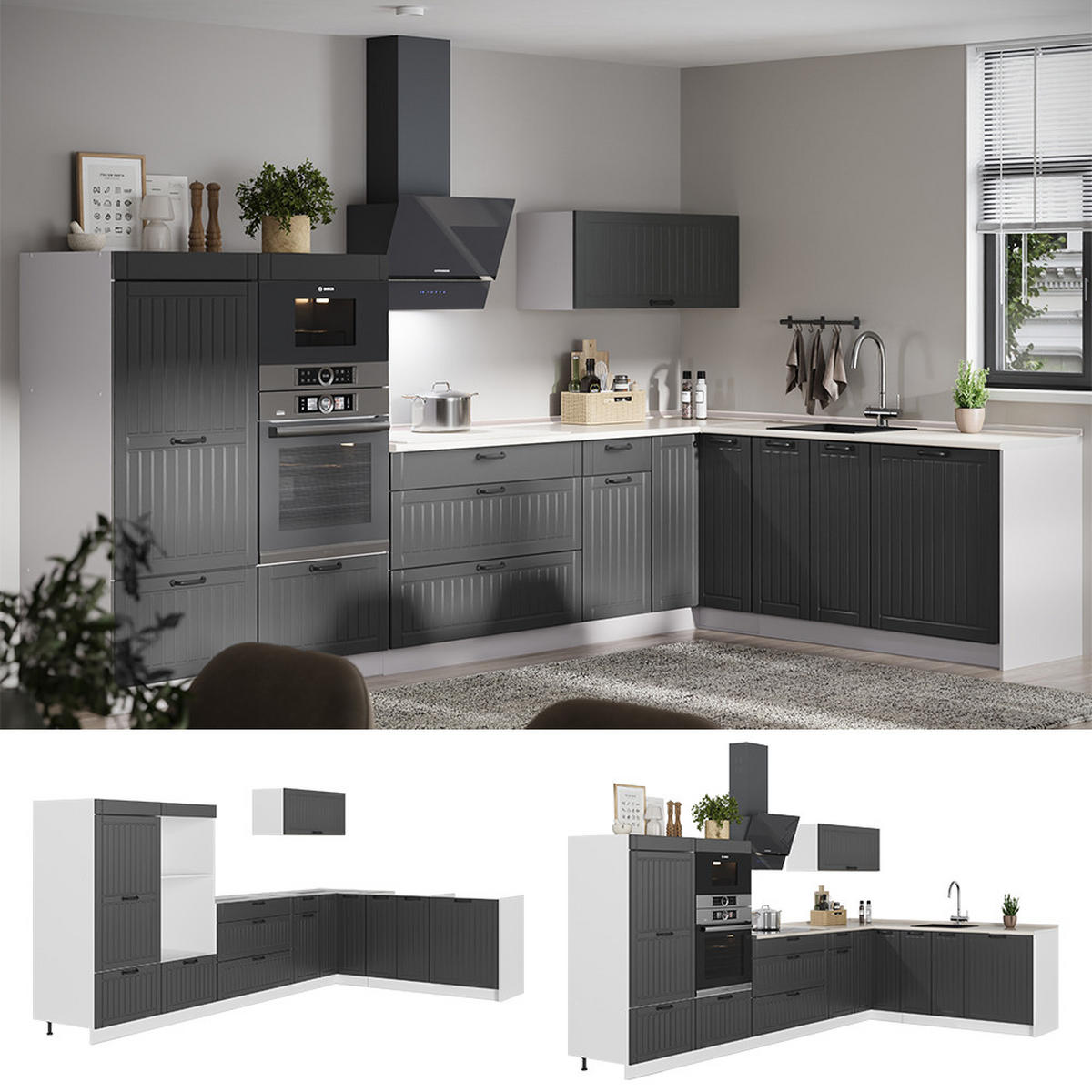 HÖRNKÖK Fame-Line, Mörkgrå/Vit, 347 x 207 cm utan bänkskiva - Vit/Mörkgrå, Träbaserade material (347/153.6/51.6cm) - Vicco