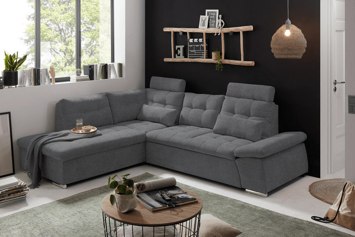 ECKSOFA mit Schlaffunktion, verstellbare Armlehne und Kopfstützen - Chromfarben/Anthrazit, Textil (260/219cm) - ed exciting design