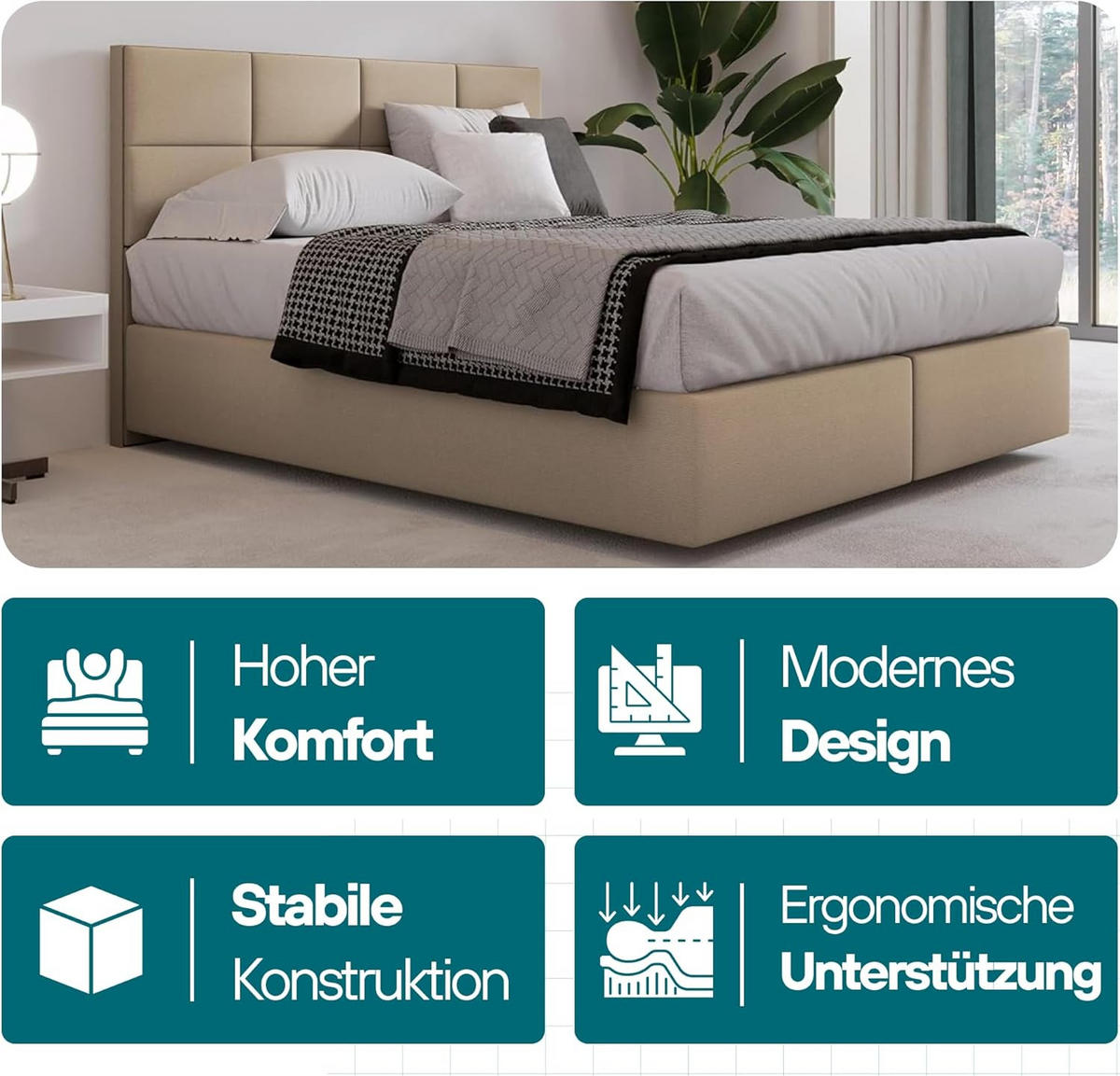 BOXBETT mit Pocket und Bonellmatratze - Mallorca - Sehr Weich Modern Bett ohne Bettkasten - 180x200 cm - Schwarz - Schwarz, Kunststoff (180/200cm) - Trada
