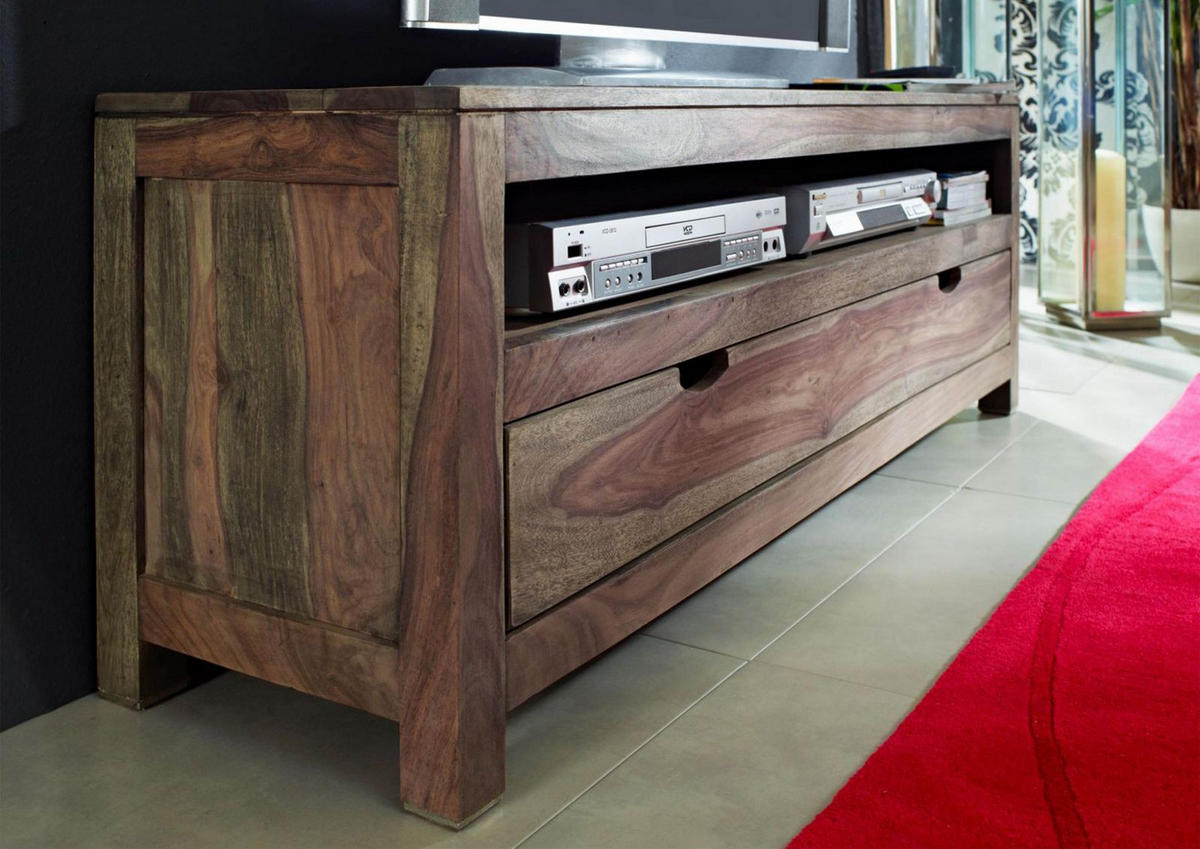 TV-BOARD Sheesham 140x37x50 grau geölt NATURE GREY #153 - Grau, Holz (140/50/37cm) - Massivmoebel24