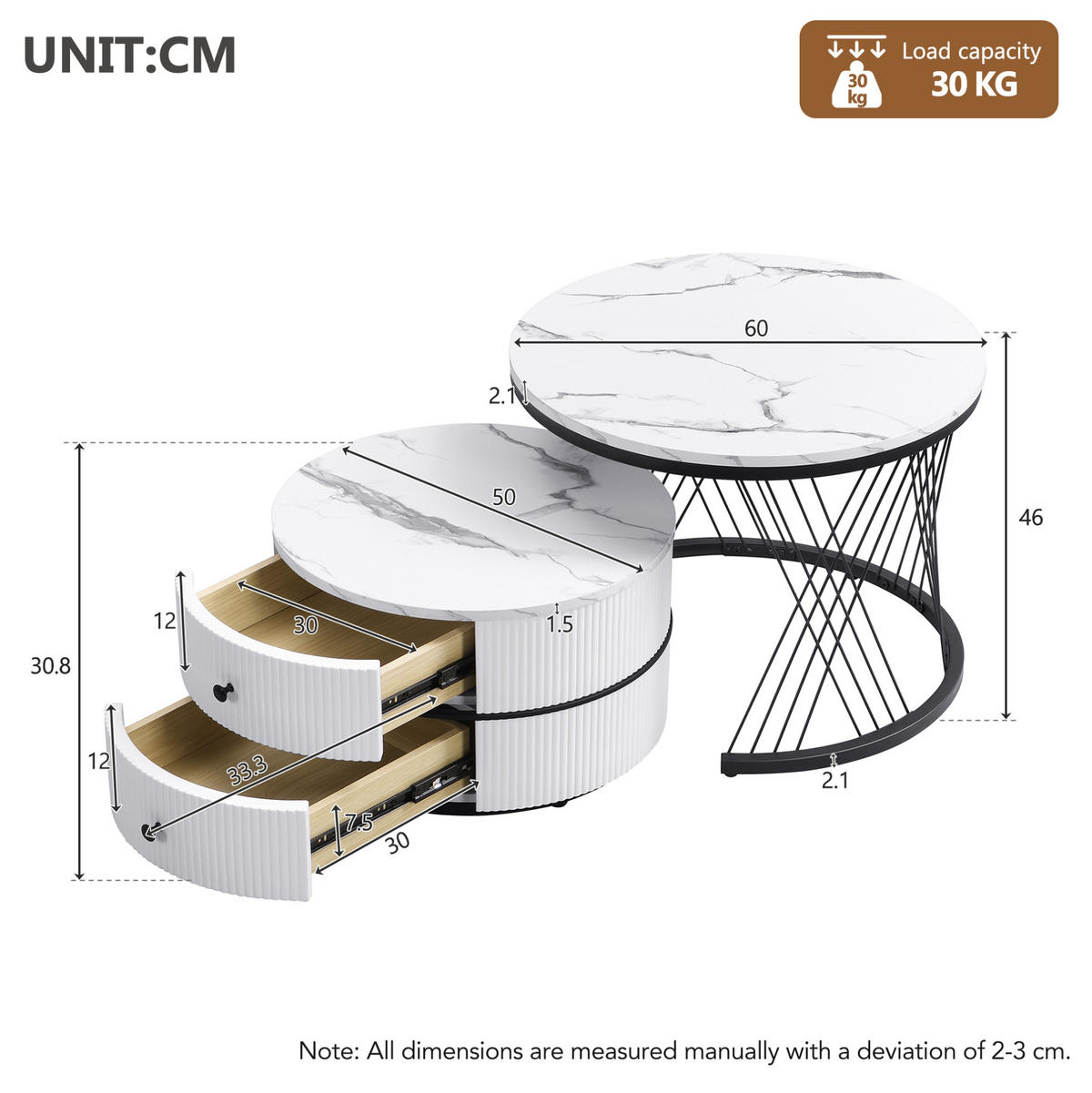 COUCHTISCH aus MDF 60x60x46 & 50x50x31 cm in Weiß mit 2 Schubladen - Weiß, Holzwerkstoff (60/46/60cm) - Modfu