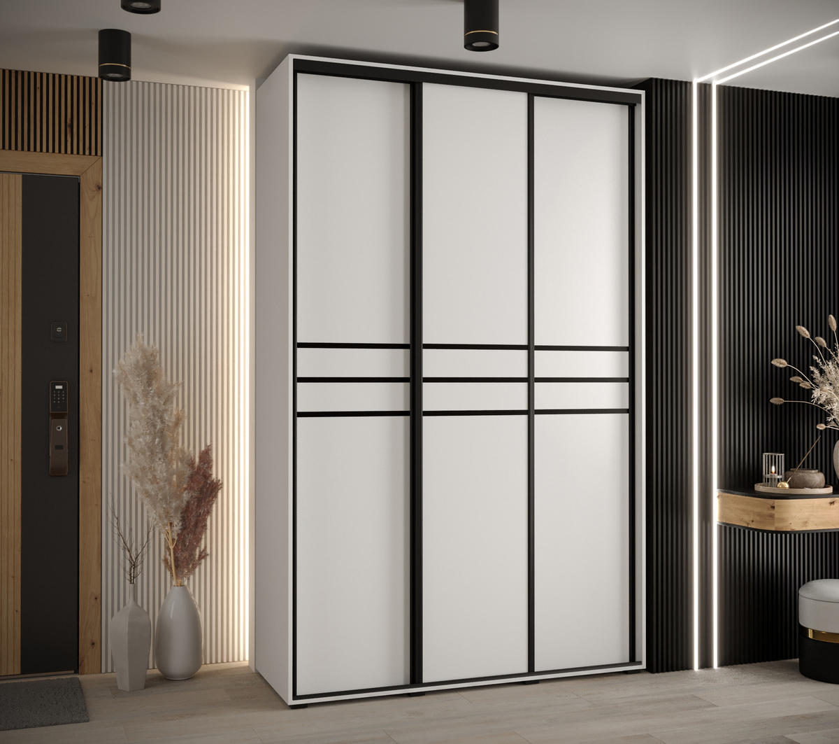 SCHWEBETÜRENSCHRANK 235,2/150/60 3-türig - Schwarz/Weiß, Holz/Metall (150/235/60cm) - Abiks Möbel