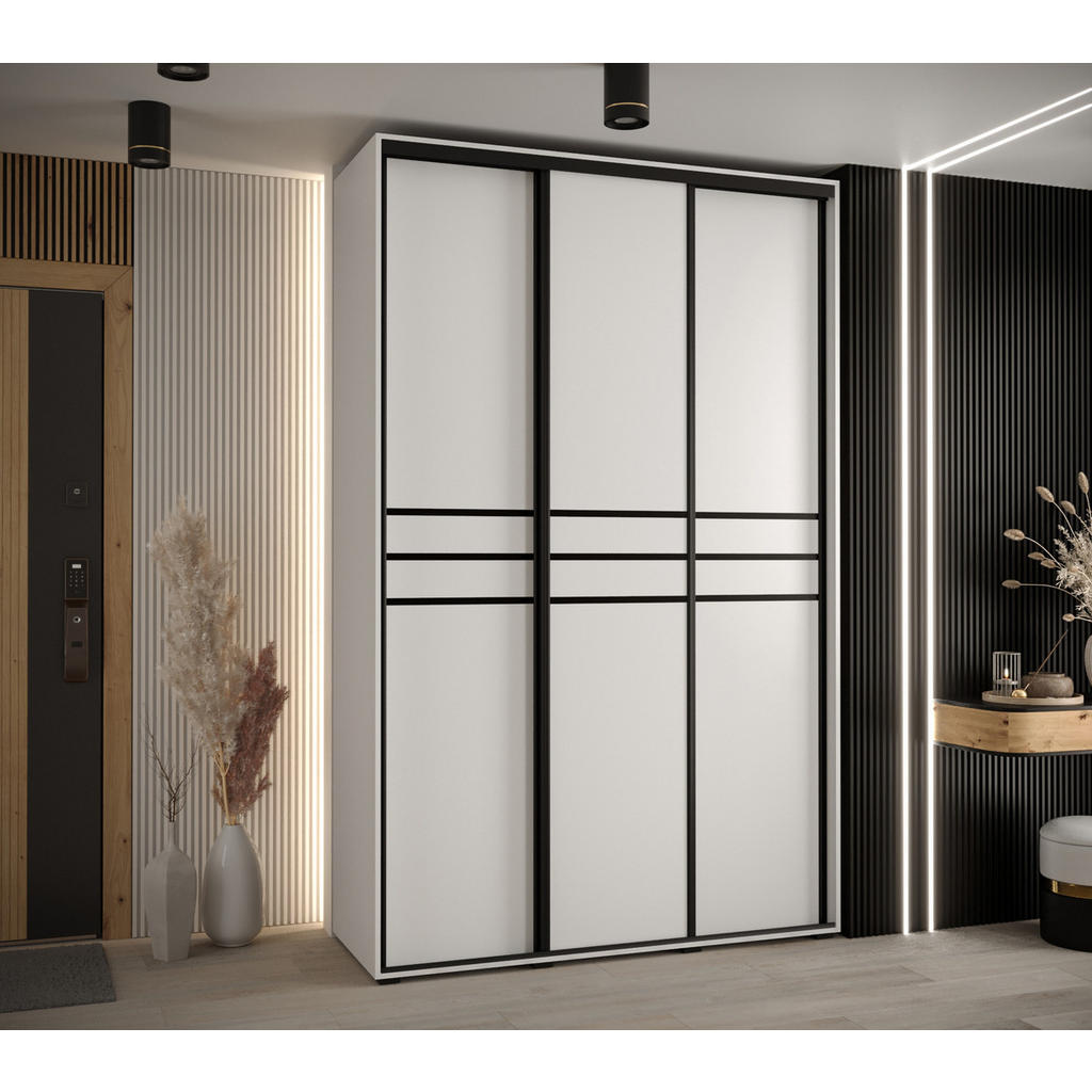 Thumbnail - Abiks Möbel Schwebetürenschrank, Weiß, Weiß, Schwarz, Metall, Nachbildung, 6 Fächer, 160x235x60 cm, Schlafzimmer, Kleide...