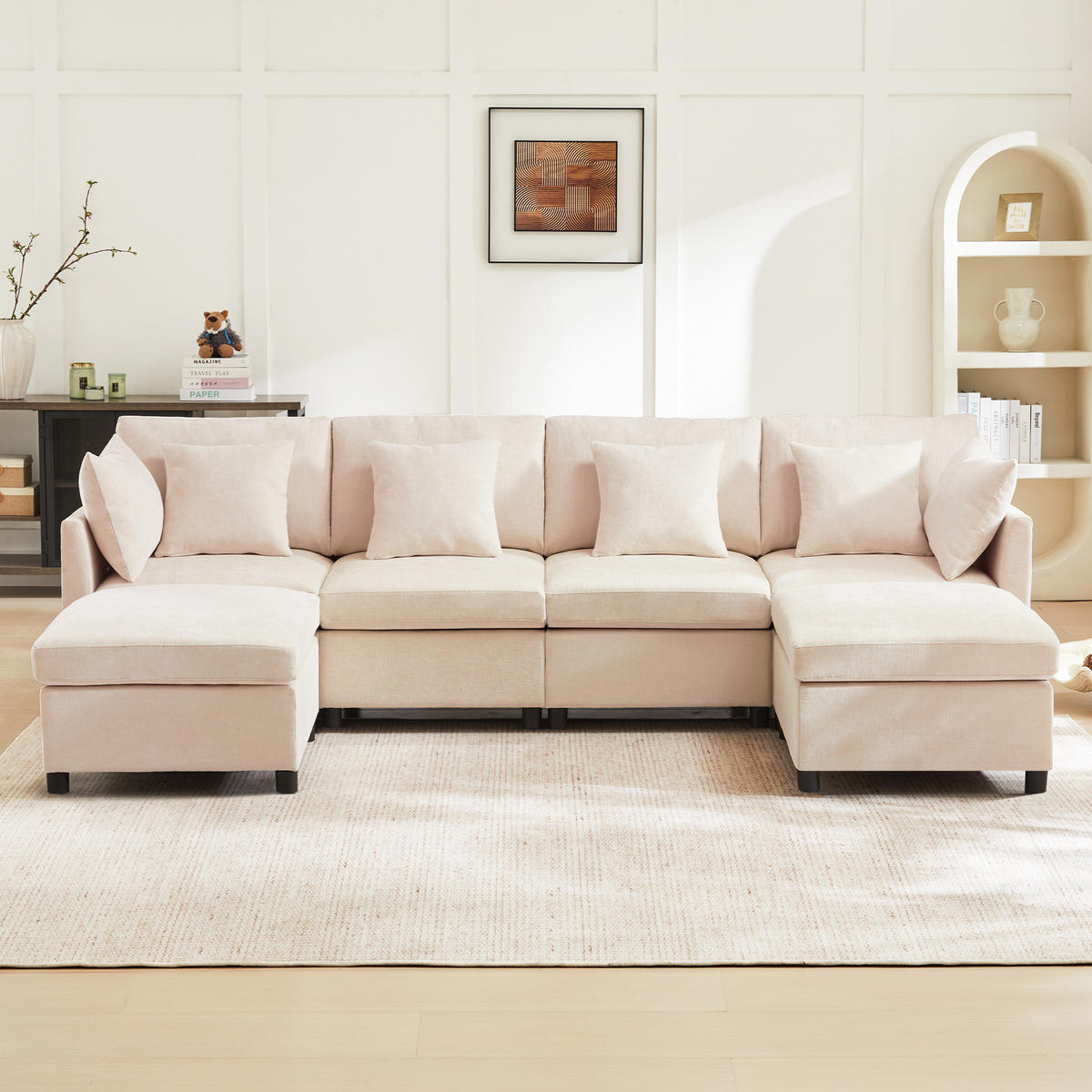 WOHNLANDSCHAFT Chenille Beige mit 2 Hocker und 6 Kissen - Beige, Holzwerkstoff/Kunststoff (278/81/161cm) - WISHDOR
