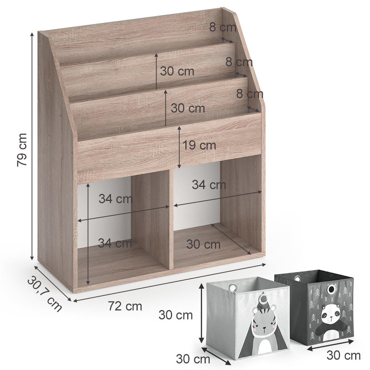 KINDERREGAL Luigi Sonoma 72 x 79 cm mit 2 Faltboxen opt.2 - Sonoma Eiche, Holzwerkstoff (72/79/30.7cm) - Vicco