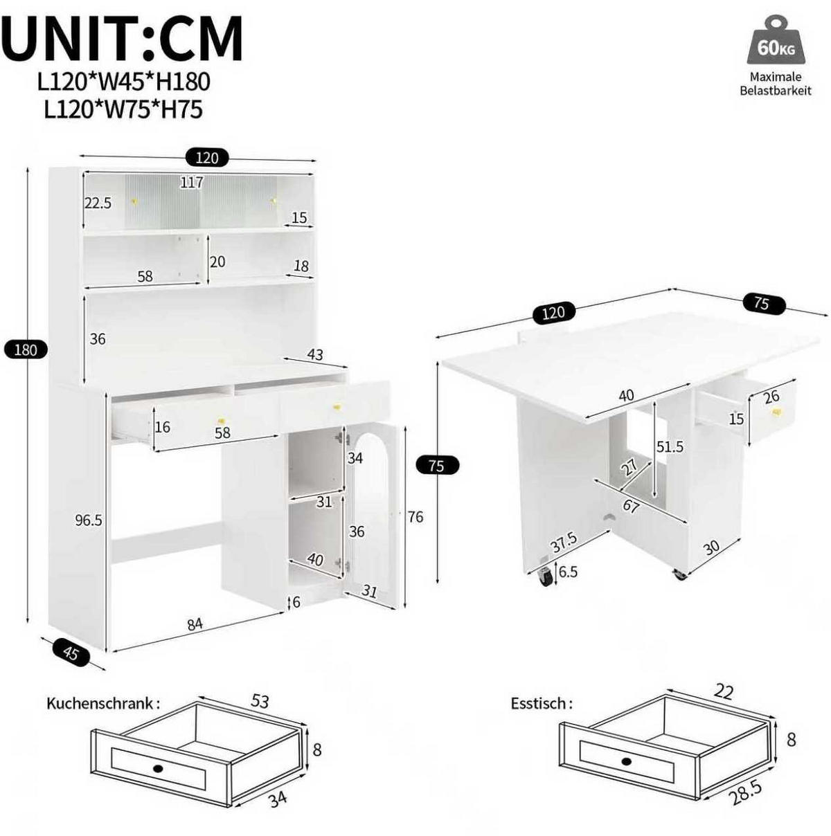 BUFFET 120/45/180 cm Weiß aus MDF mit klappbarem Esstisch 2er Set - Weiß, Holzwerkstoff (45/180/120cm) - OKMYHOME