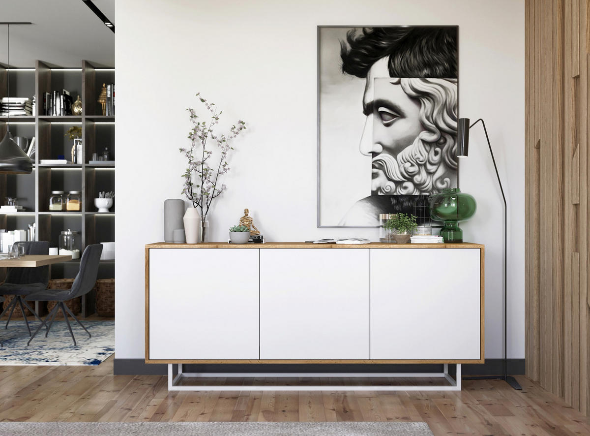 KOMMODE Apollo 3D Eiche wotan Weiß Matt 168 cm - Weiß, Holzwerkstoff/Metall (168/72/35cm) - Meble Lindner