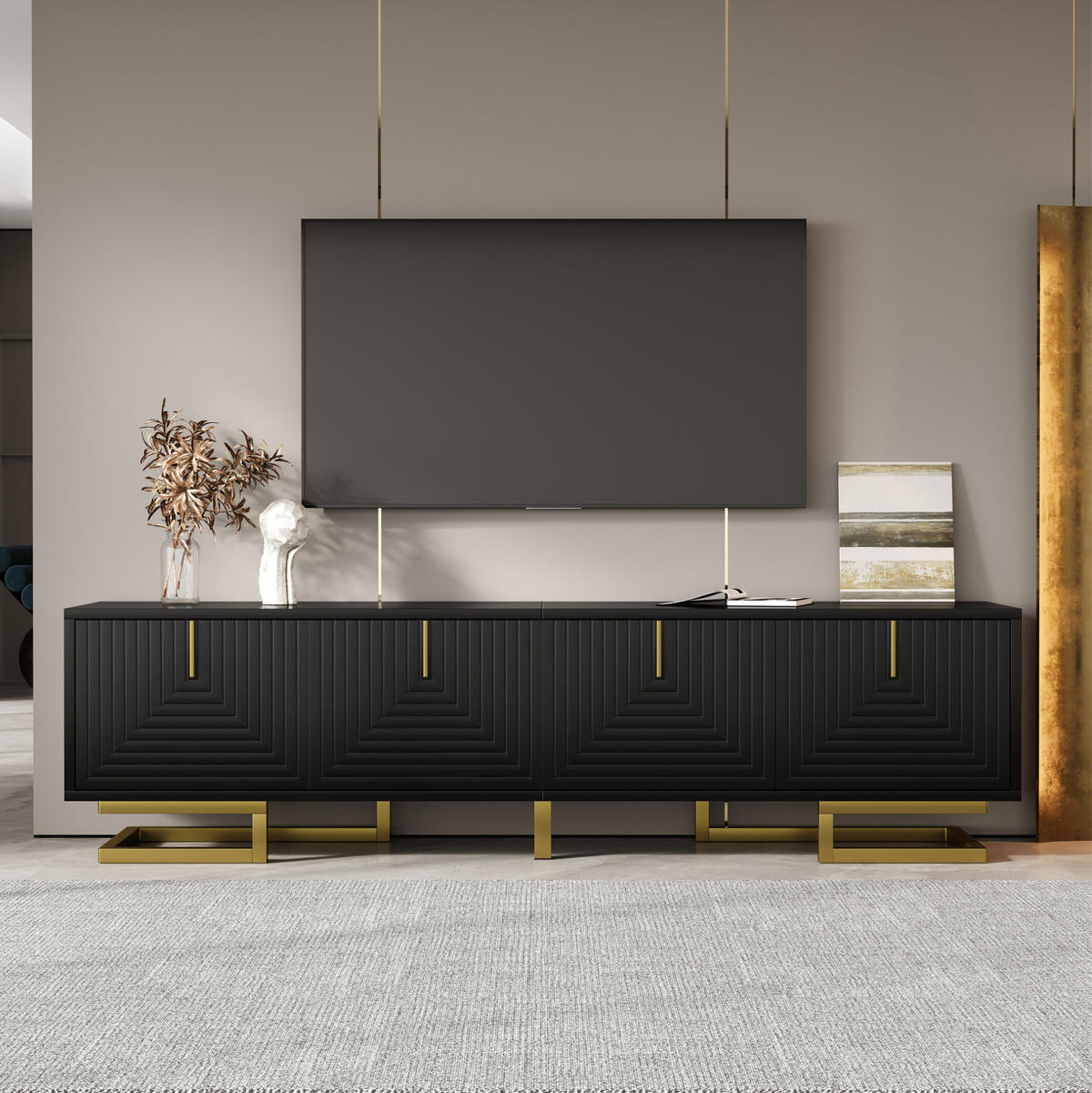 TV-SCHRANK mit 4 Türen 160 x 38 x 44,5 cm Schwarz mit goldfarbenen Details - Schwarz, Holzwerkstoff (38/44.5/160cm) - Beauniv
