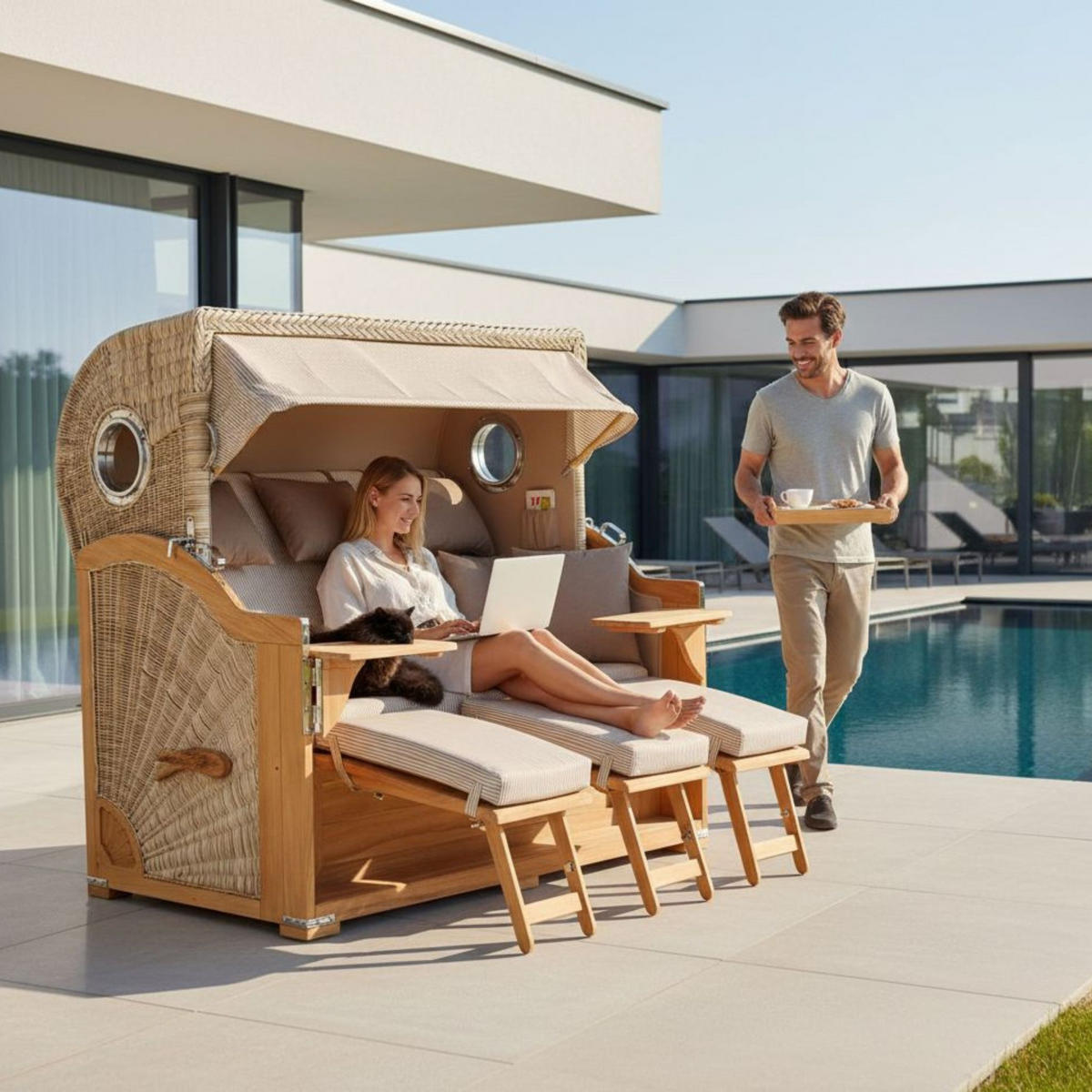 STRANDKORB XXL Baltikum mit Bullaugen - Beige/Braun, Metall (170/170/95cm) - Mr. Deko