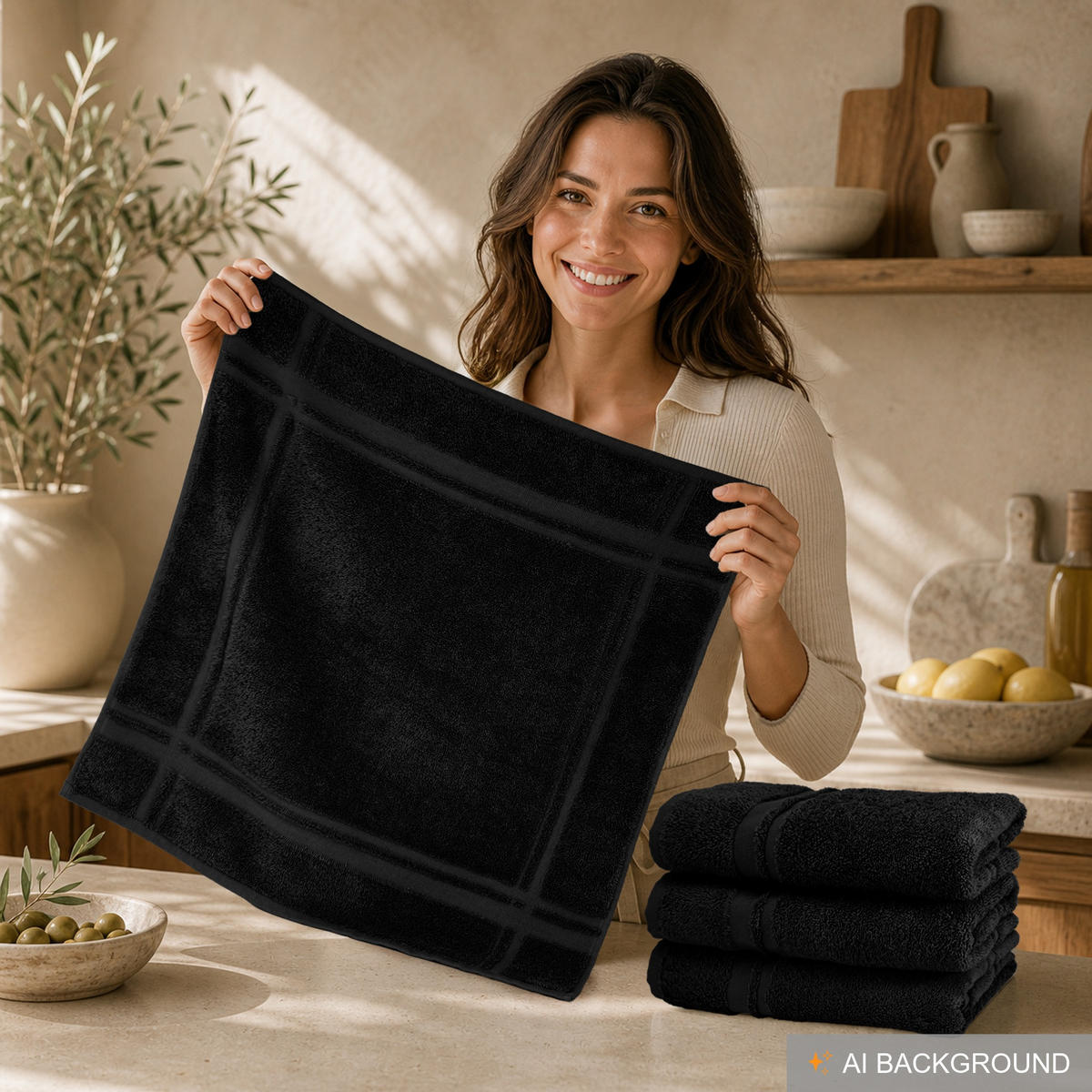 FROTTEE Küchenhandtücher 50x50 cm, 4er Set, Schwarz - Schwarz, Textil (50/50cm) - Lashuma