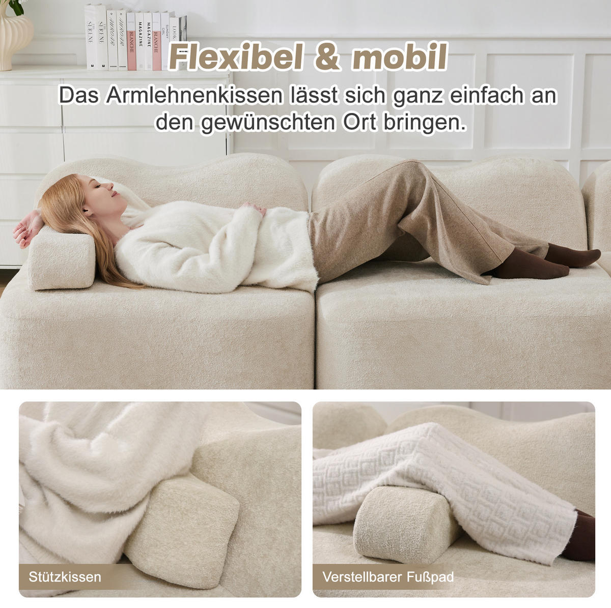 2-SITZER Sofa aus Samt Beige mit tiefer Sitzfläche, Wellenform und beweglichem Armlehnenkissen - Beige, Textil (192/70/98cm) - Modfu