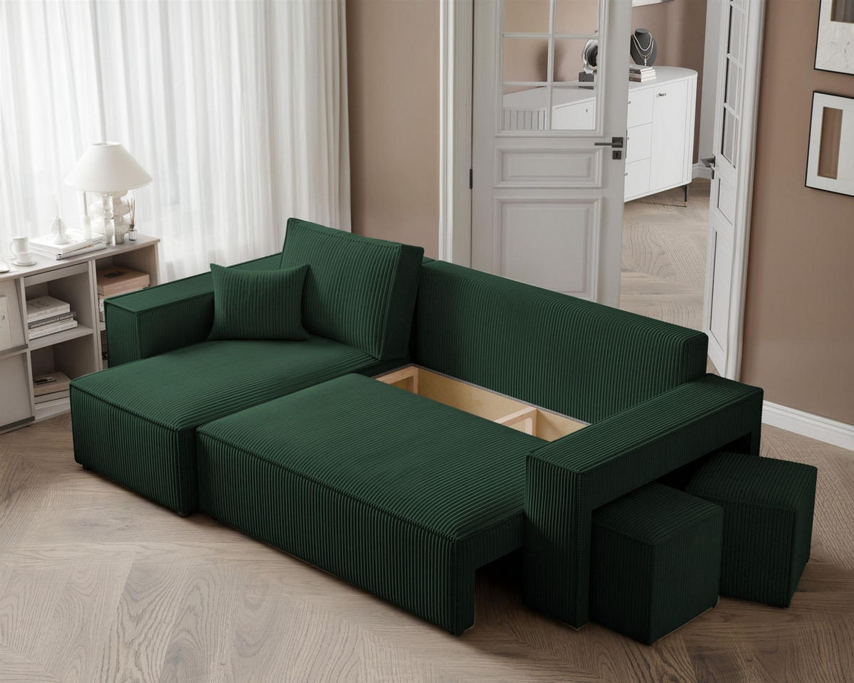 ECKSOFA Adara Inkl. Hocker - Grün, Holzwerkstoff/Textil (262/145cm) - Fun Möbel