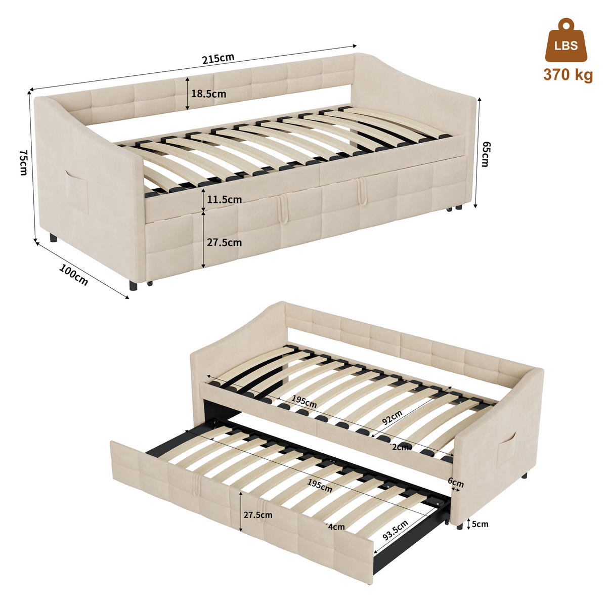 POLSTERBETT Tagesbett 90/200 cm erweiterbar auf 180/200 cm Samtoptik Creme - Beige, Textil (90/200cm) - Creahappy