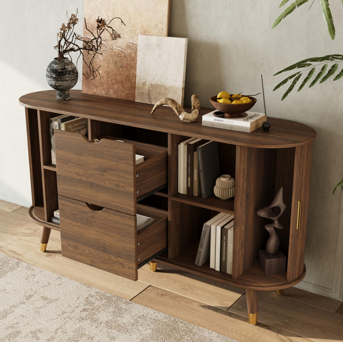 KOMMODE 140/40/79,5 cm aus MDF mit 3D-Maserung und abgerundeten Ecken Nussbaum - Nussbaumfarben, Holzwerkstoff (140/79.5/40cm) - Modenvie