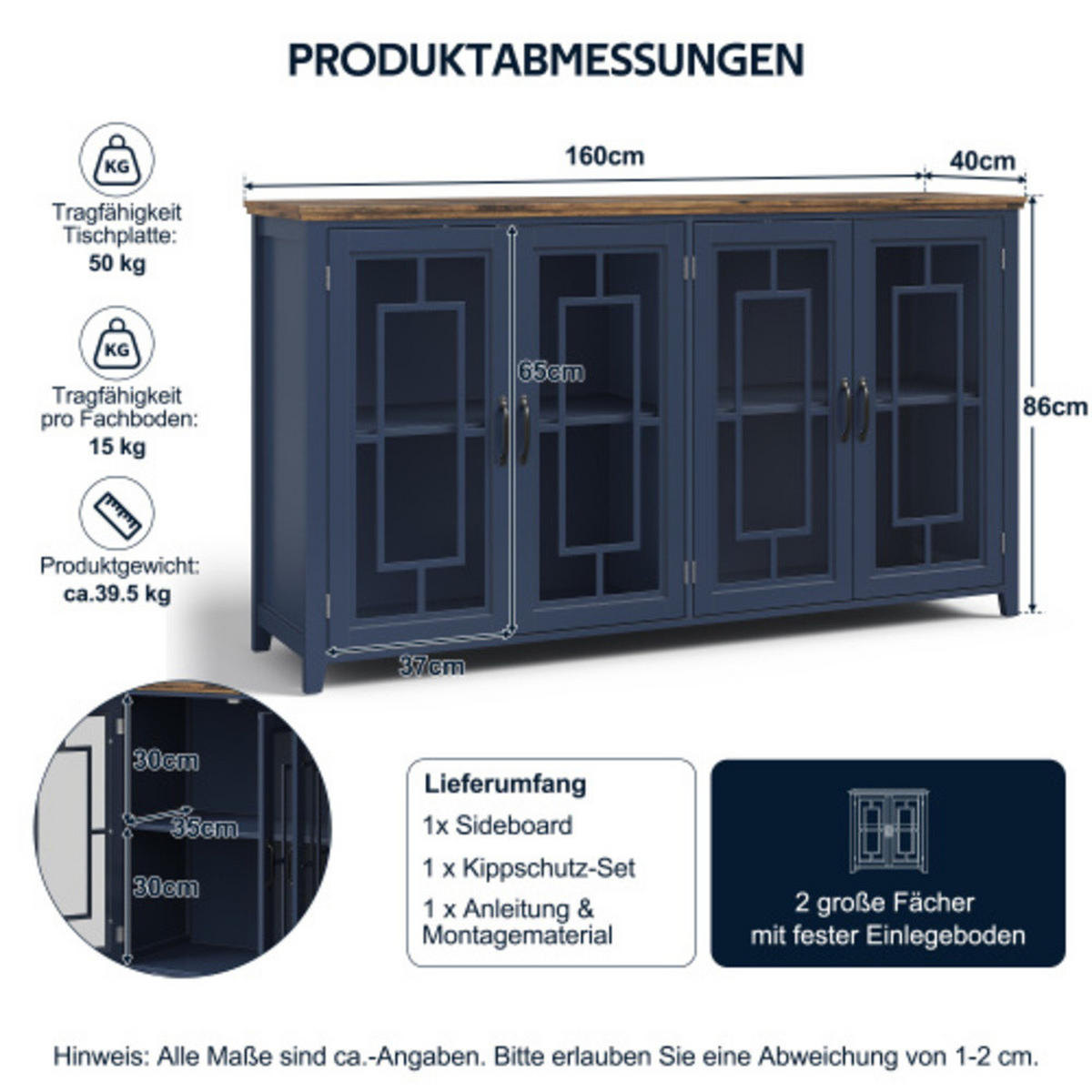 SIDEBOARD Blau aus MDF mit Retro-Holzmaserung-Platte 160 × 40 × 86 cm - Blau, Holzwerkstoff (160/86/40cm) - Luhomfu