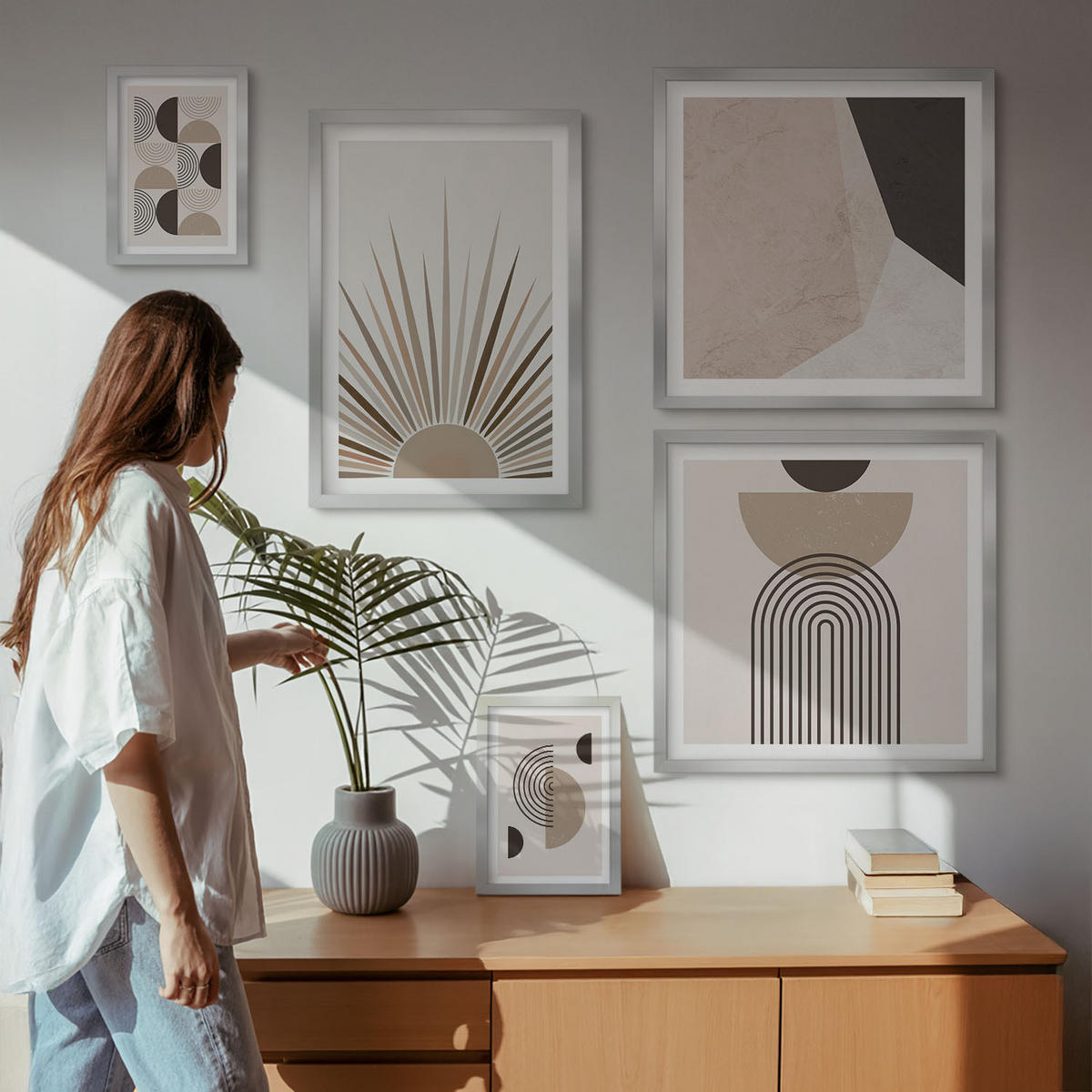 BILDER SET 5er Set - 50x50 cm & 20x30 cm & 40x60 cm Silberner Rahmen - Abstrakte beige und braune Formen - Silberfarben, Kunststoff (40/60cm) - TULUP