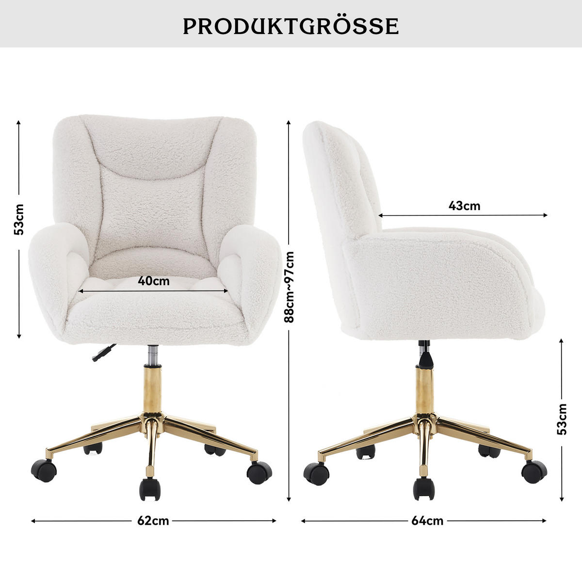 DREHSTUHL Teddy-Stoff höhenverstellbar und 360° drehbar 64/62/92.5 cm Weiß - Weiß, Textil (62/92.5/64cm) - Redom