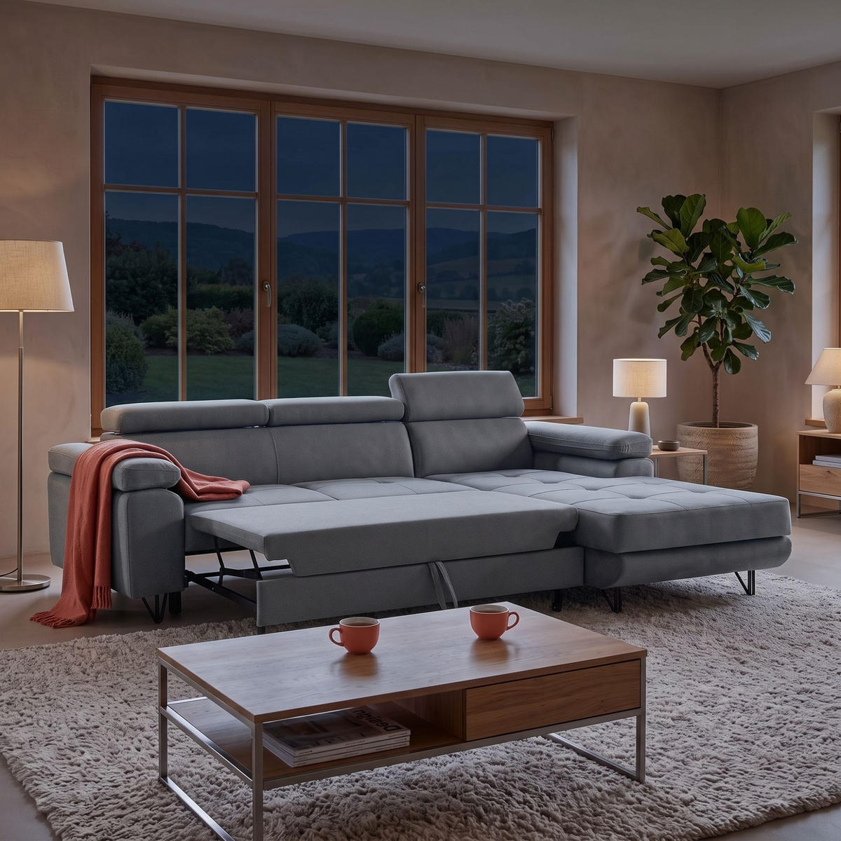 ECKSOFA NORIS L Rechts mit Schlaffunktion 128x203 Velours Grau - Schwarz/Grau, Holz/Textil (183/250cm) - Muffo