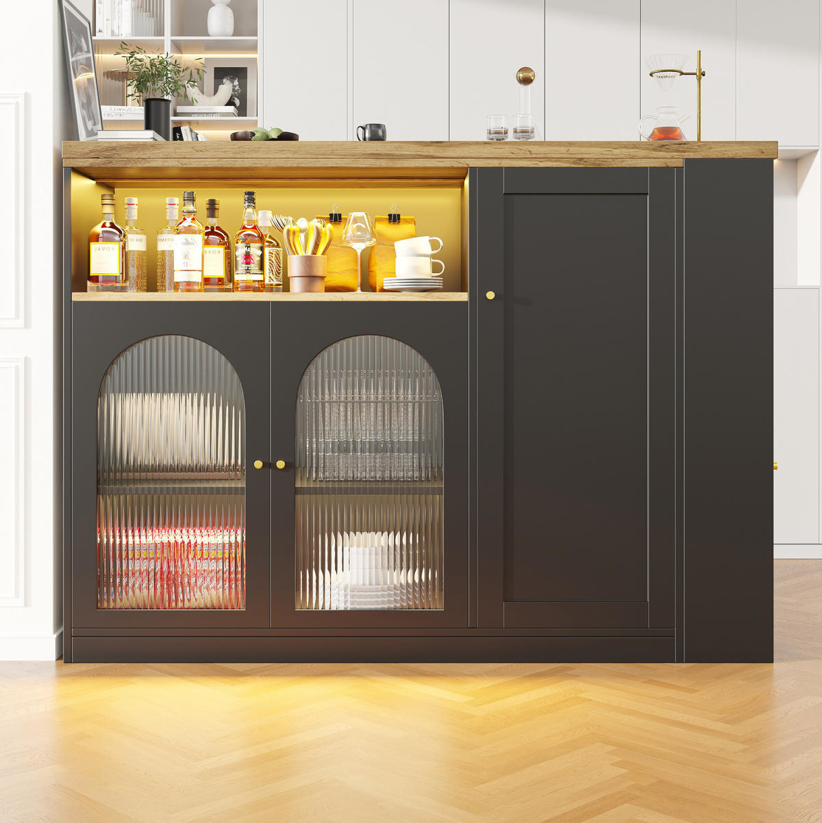 ESSZIMMERSCHRANK aus MDF 197 x 39,6 x 100 cm in Schwarz mit 360° Drehplatte & LED - Schwarz, Holzwerkstoff (197/100/39.6cm) - Modfu
