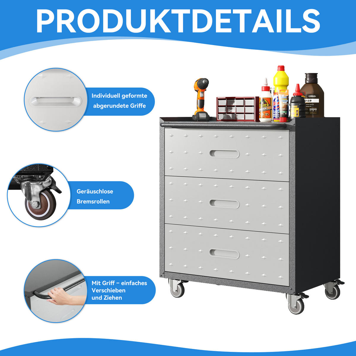 WERKZEUGSCHRANK Metall mit Rollen 3 Schubladen 75x42x88 cm – robust, Werkstattwagen für Garage, Büro & Haushalt, Schwarz/Grau - Schwarz, Metall (42/88.01/75.01cm) - Ej. Life