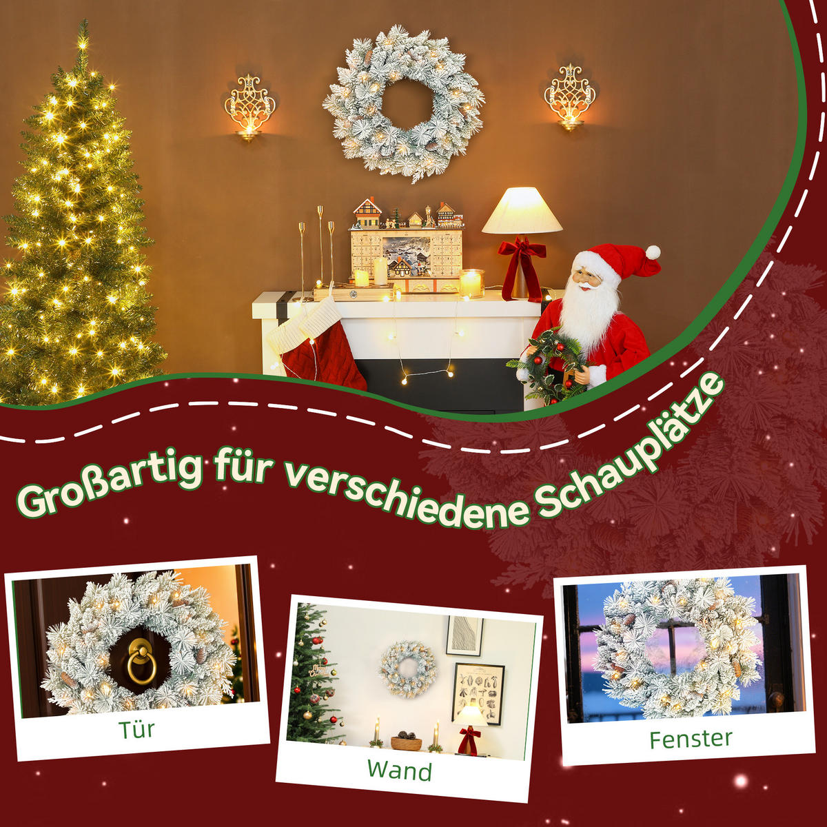 TANNENKRANZ Weihnachtskranz mit LED-Lichterkette, Tannenzapfen, Türkranz - Weiß, Kunststoff (60/8/60cm) - HOMCOM