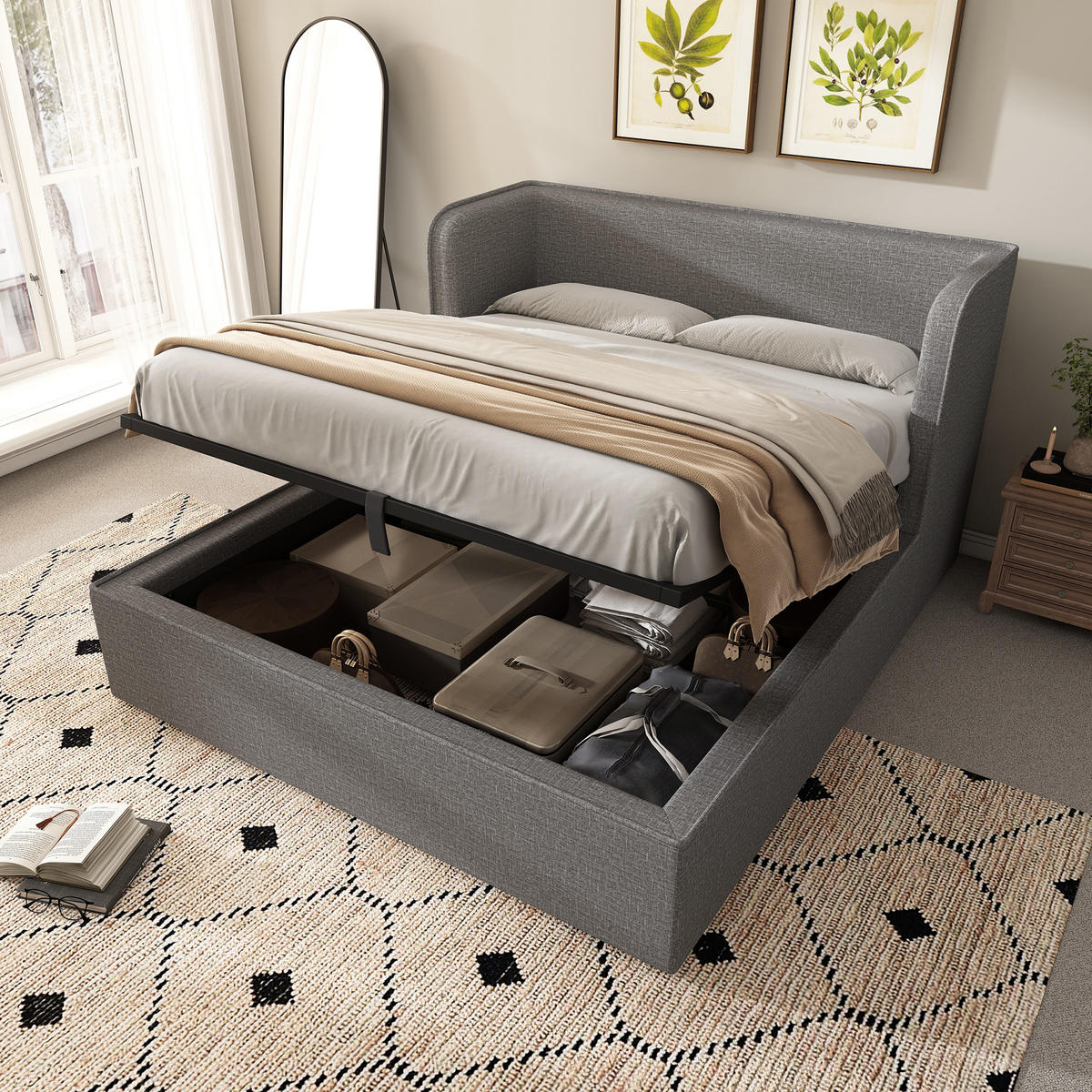 POLSTERBETT 160x200cm Doppelbett Hydraulik-Stauraum Leinen Bezug Grau - Grau, Holz - FLIEKS