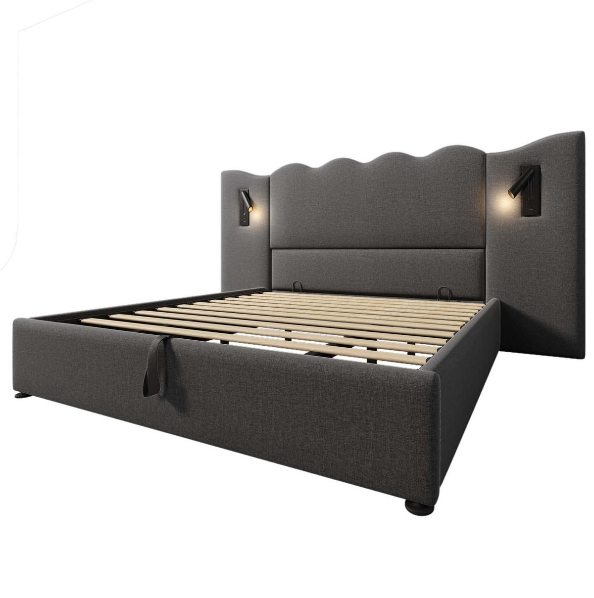POLSTERBETT 180/200 cm Grau mit Stauraum, Leselampe und USB- und Type-C-Anschlüssen - Grau, Textil (180/200cm) - Flora Grace