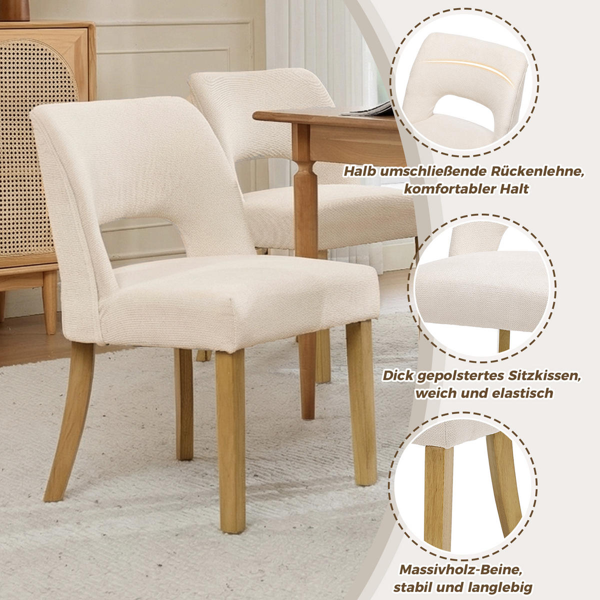 ESSZIMMERSTÜHLE 2er Beige Leinen Massivholz modern - Beige, Naturmaterialien (50/81/58cm) - FLIEKS
