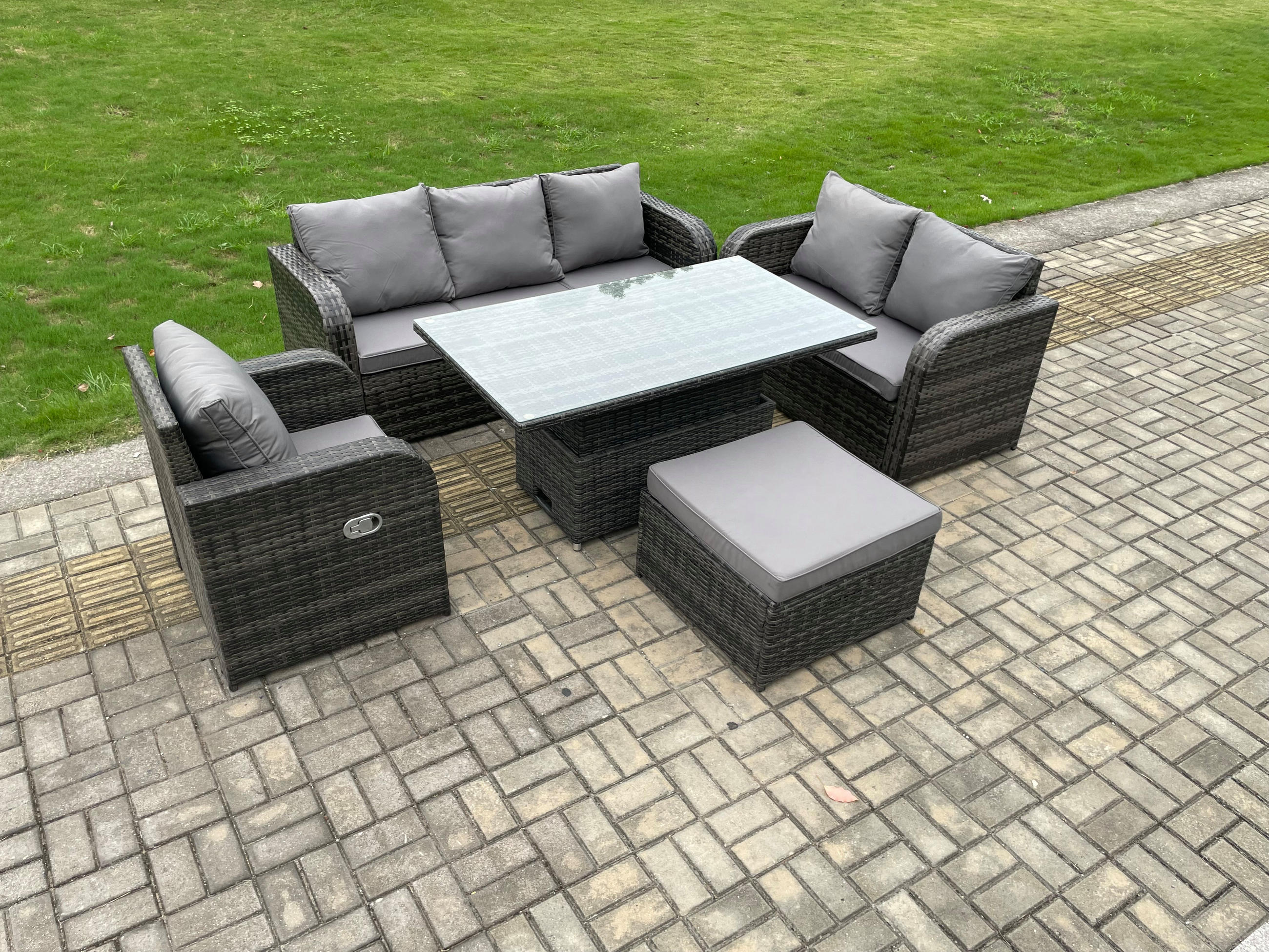 GARTENMÖBEL SET mit 3-Sitzer Sofa, Stuhl Höhenverstellbarer Esstisch 7-Sitzer Grau - Dunkelgrau/Grau, Glas/Kunststoff - Fimous