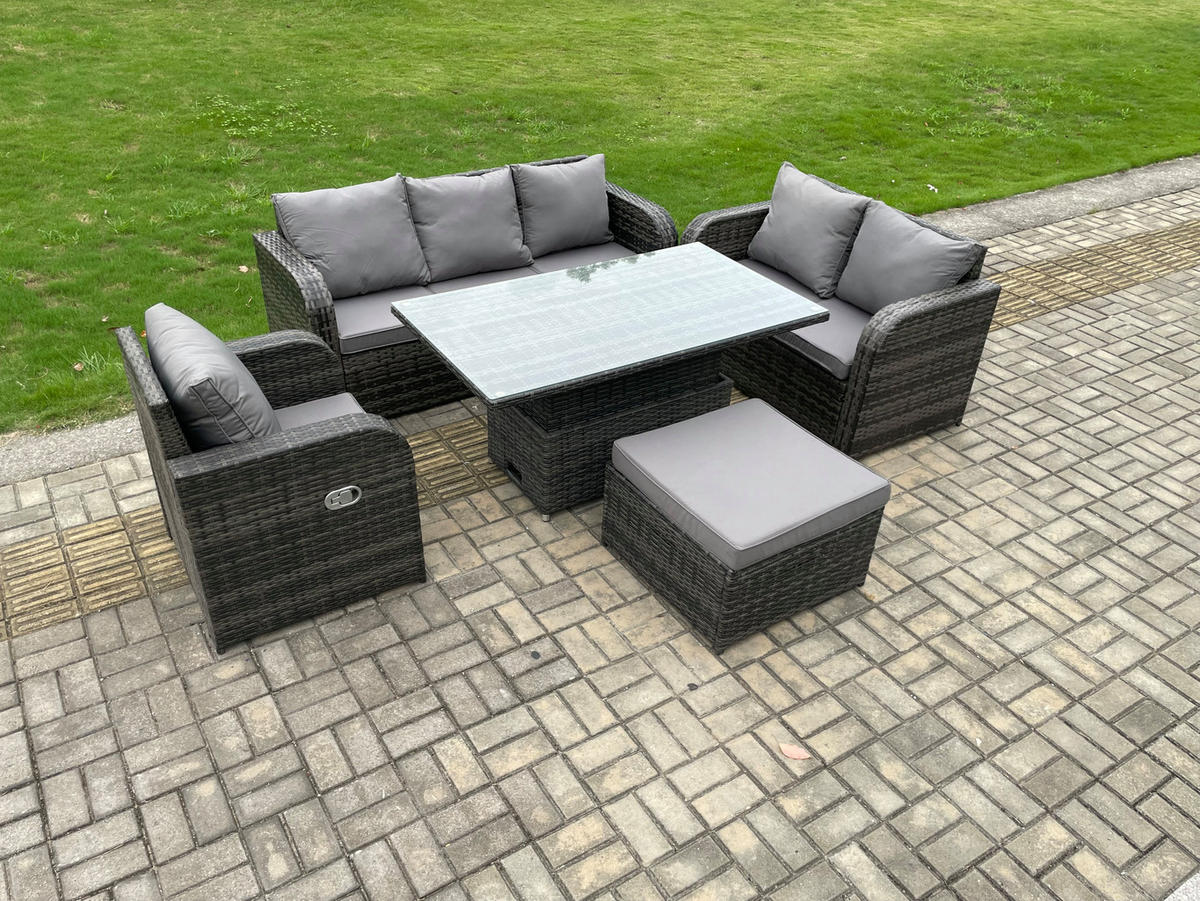 GARTENMÖBEL SET mit 3-Sitzer Sofa, Stuhl Höhenverstellbarer Esstisch 7-Sitzer Grau - Dunkelgrau/Grau, Glas/Kunststoff - Fimous