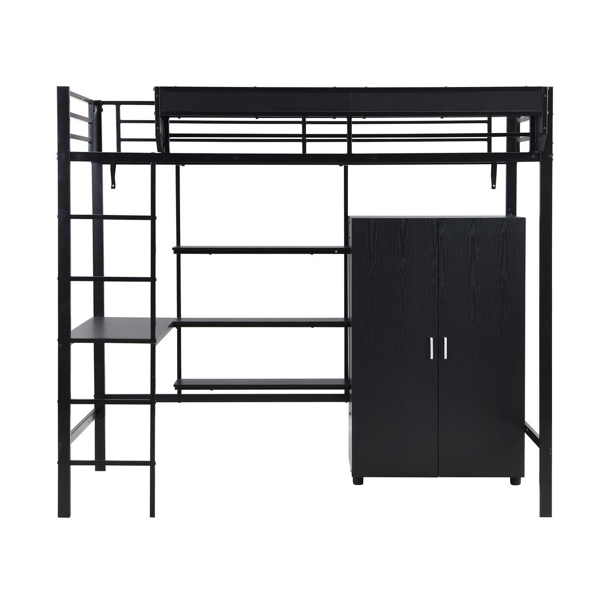 ETAGENBETT 90/200 cm in Schwarz mit Tisch, Kleiderschrank und Regal - Schwarz, Holzwerkstoff/Metall (90/200cm) - CHICFURN