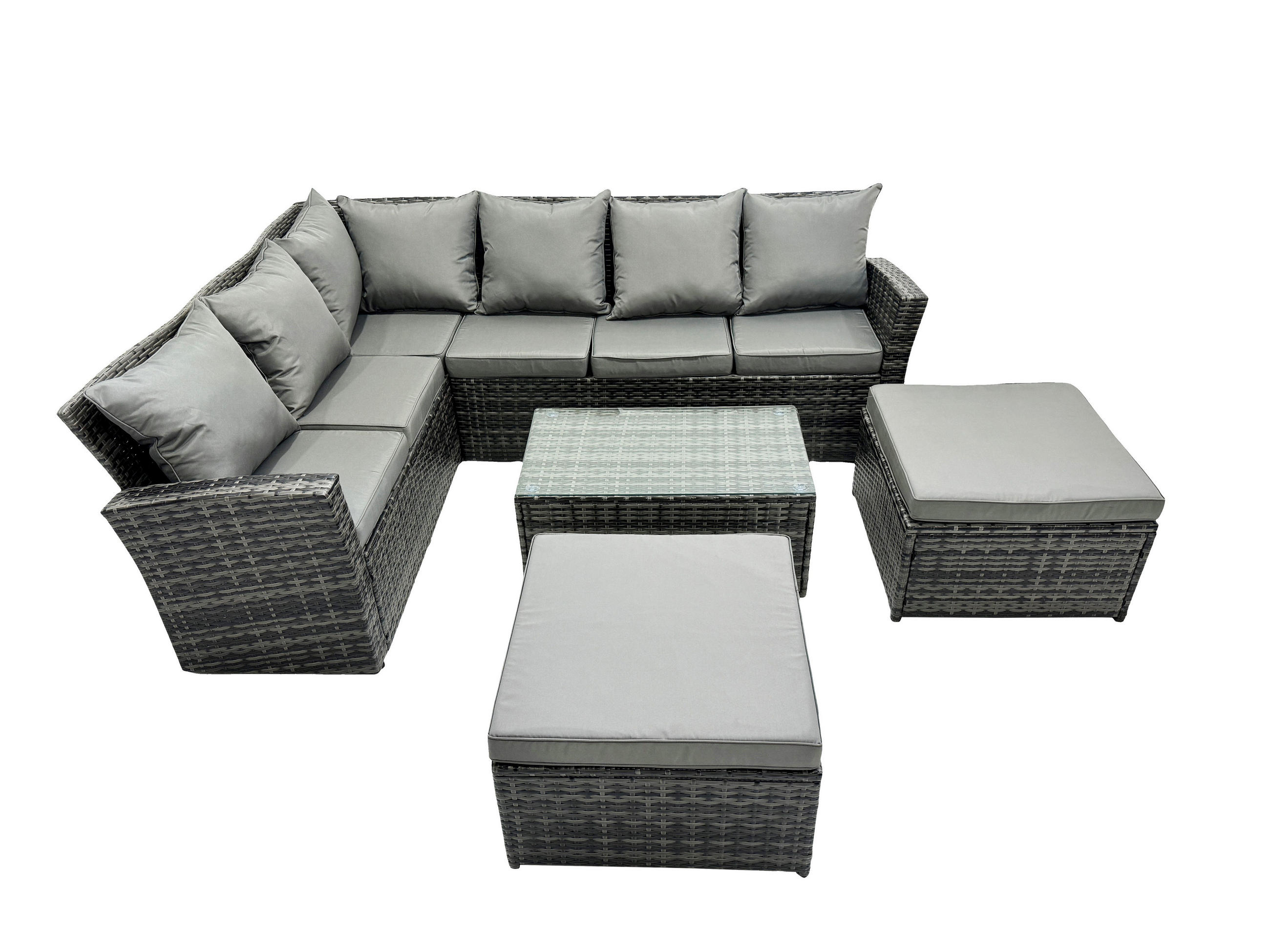 BALKONMÖBEL-SETS mit Ecksofa,Länglicher Couchtisch,2 große Fußhocker Polyrattan Dunkelgrau 8-Sitzer - Dunkelgrau/Grau, Glas/Kunststoff - Fimous