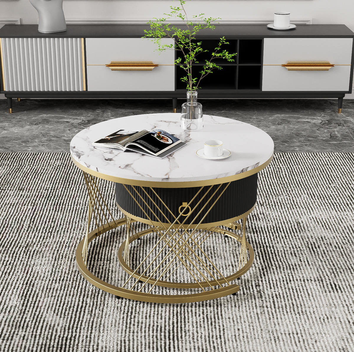 COUCHTISCH-SET aus MDF 70x70x45 cm Weiß-Gold mit Schublade und verstellbaren Füßen - Weiß, Holzwerkstoff (70/70/45cm) - IVMEU
