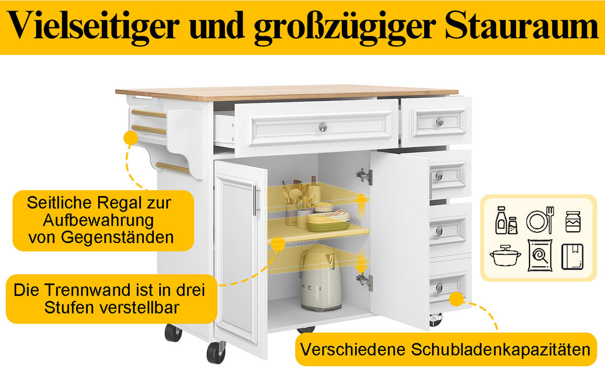 KÜCHENINSEL mit höhenverstellbarer Tischplatte und großzügigem Stauraum - Weiß, Holzwerkstoff/Metall (110/92/75cm) - Urban Meuble