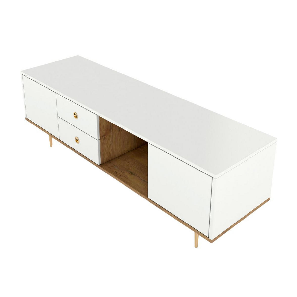 LOWBOARD Harmoni, Weiß, Eiche, Goldene Details - Goldfarben/Weiß, Holzwerkstoff/Metall (160/83/45cm) - Skandica