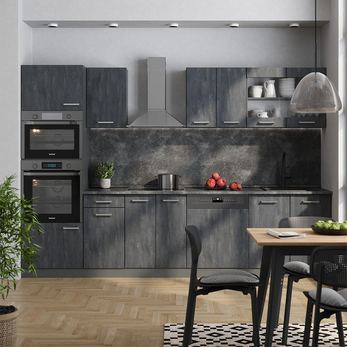 KÜCHENZEILE R-Line Schwarz Beton/Anthrazit 300 cm ohne AP - Anthrazit/Schwarz, Holzwerkstoff (300/81.6/46cm) - Vicco