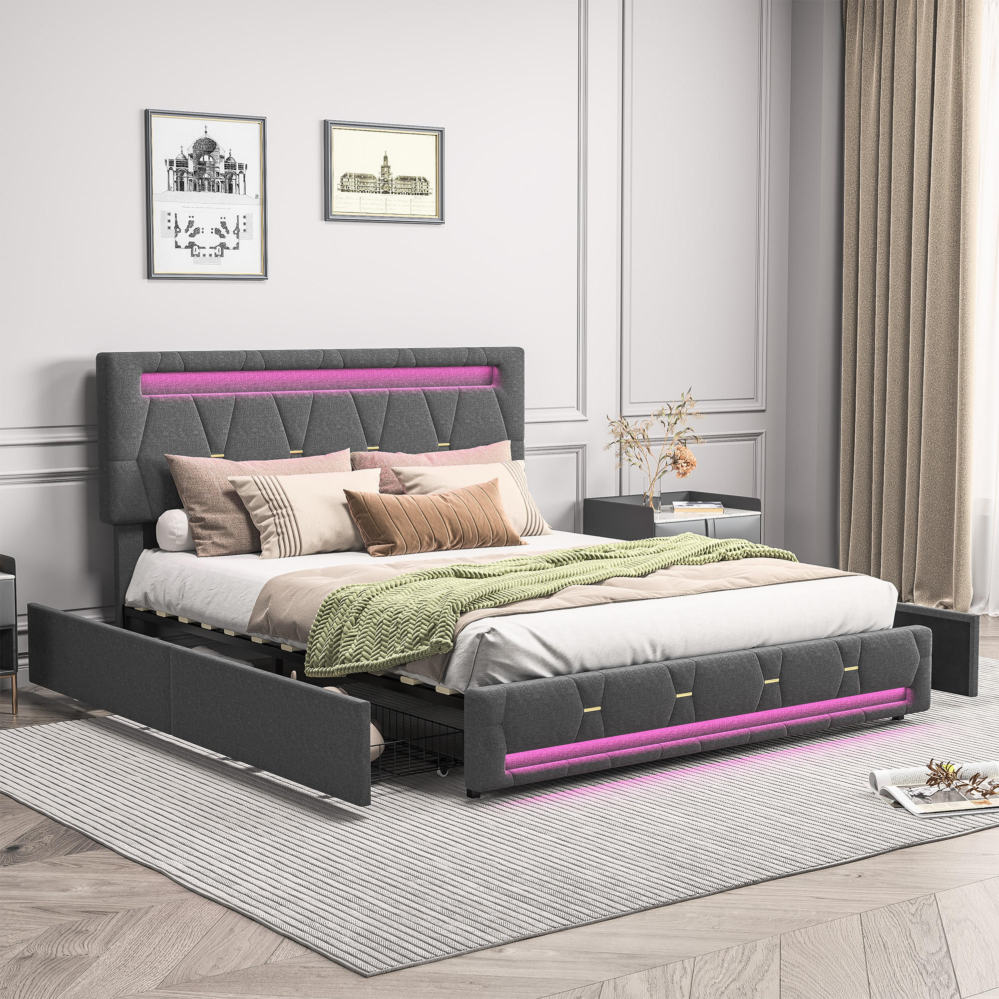 POLSTERBETT 160x200 cm, Grau, mit 4 Schubladen, LED-Beleuchtung - Grau, Textil/Metall (160/200cm)