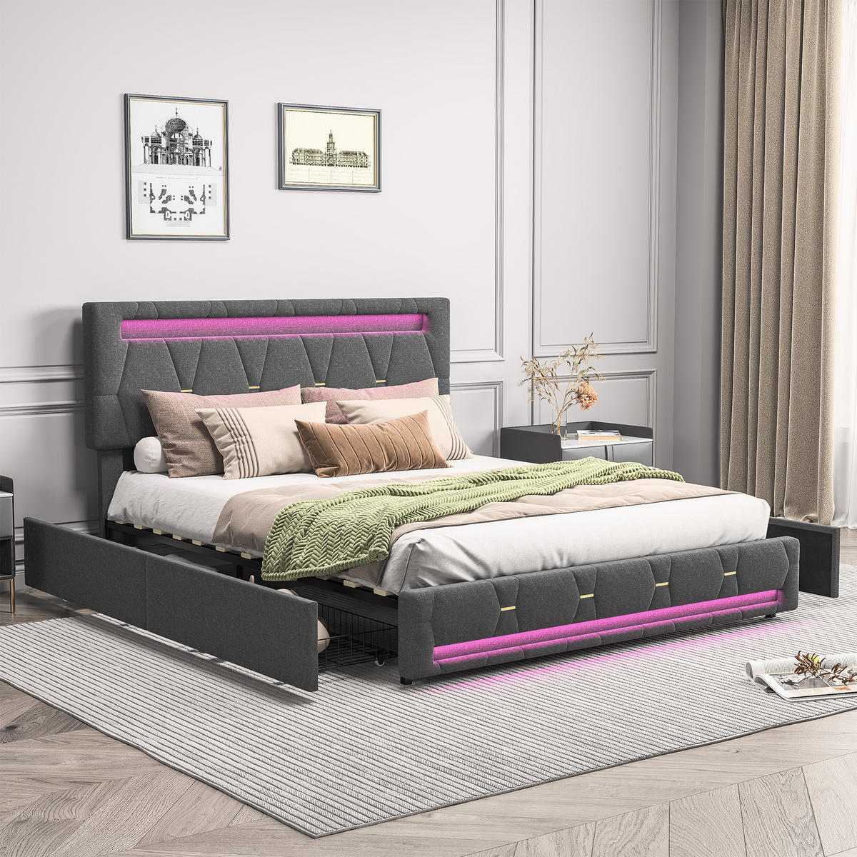POLSTERBETT 140x200 cm, Grau, mit 4 Schubladen, LED-Beleuchtung - Grau, Textil/Metall (140/200cm)