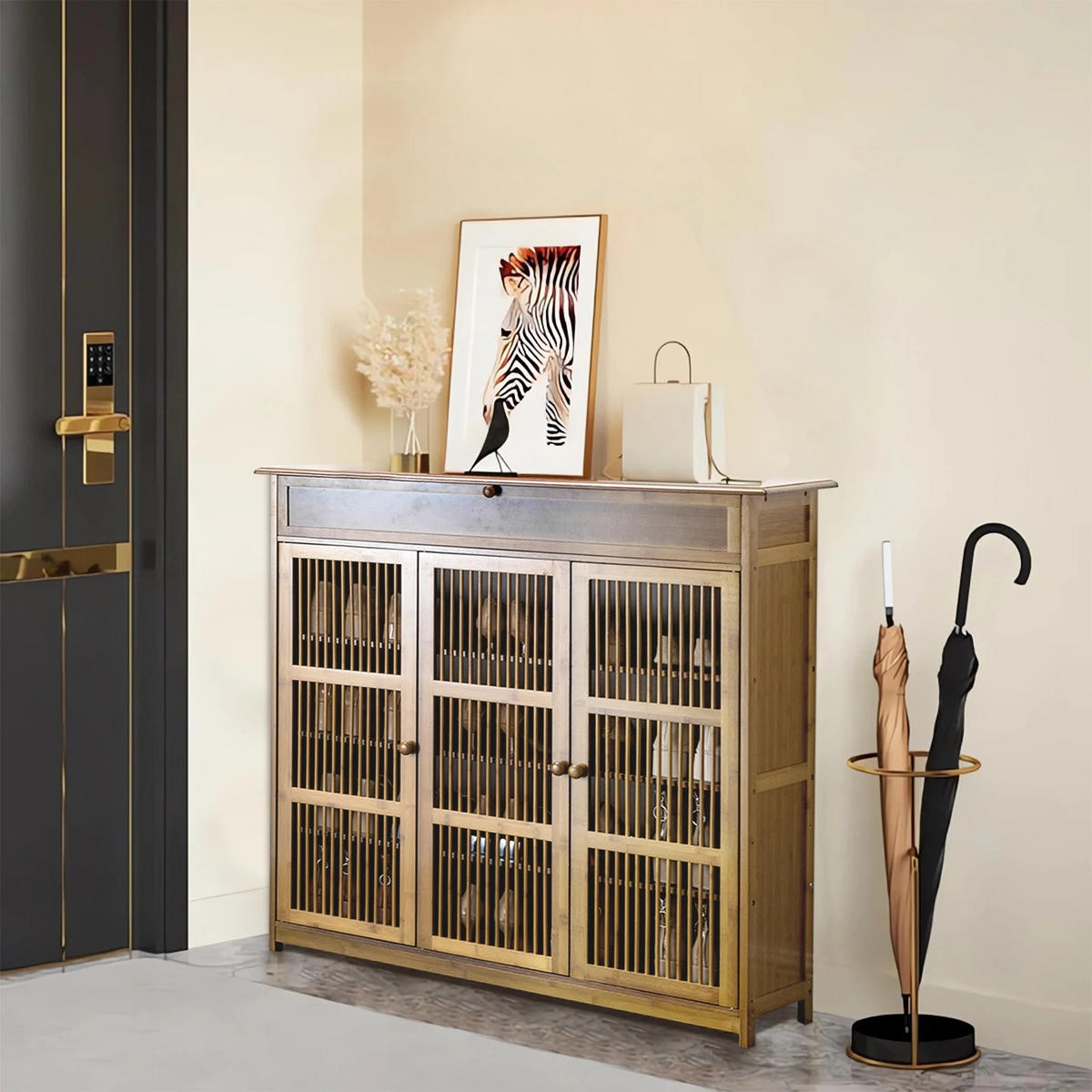 SCHUHSCHRANK 4-stufig Bambus Holz Naturholz mit 3 Türen - Braun, Holzwerkstoff (99/98/33cm)